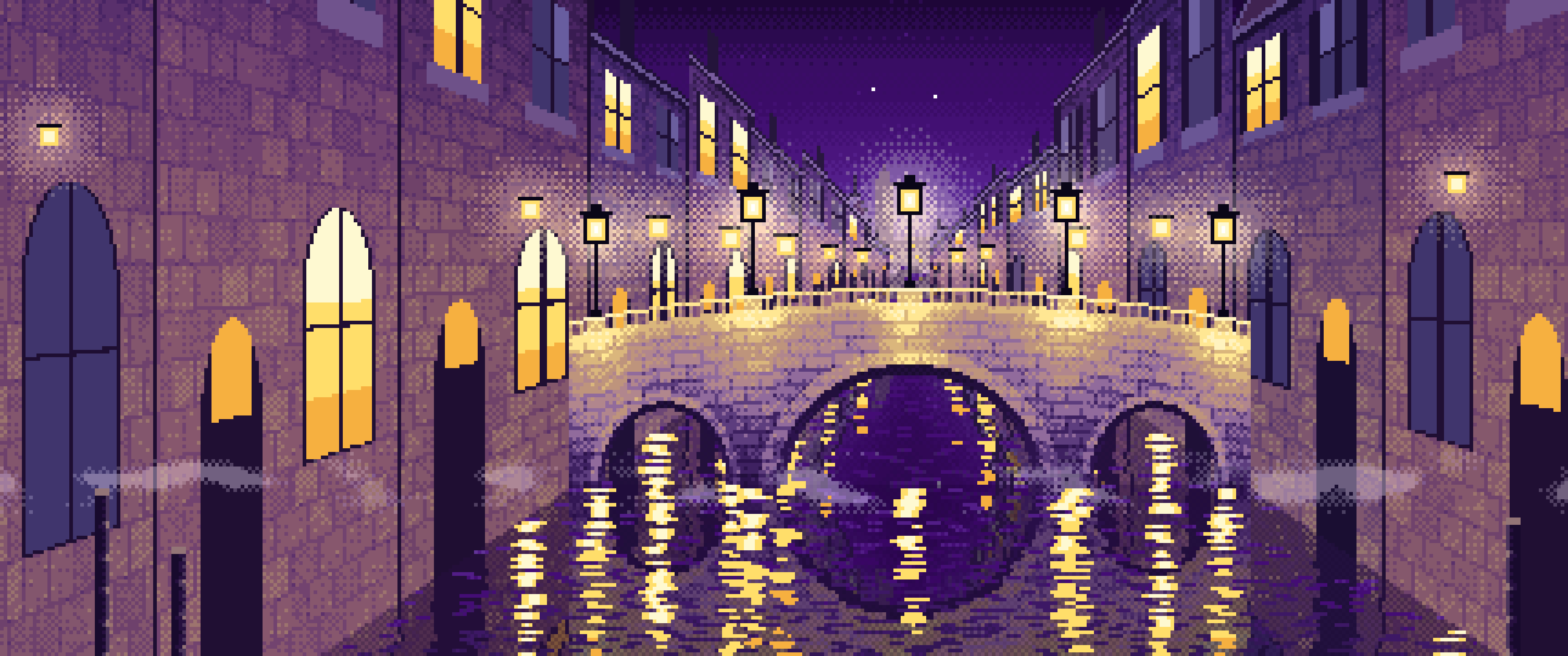 Dark Purple Pixel Art Street Lamps on a Canal Bridge at Night ultrawide wallpaper, 3440 × 1440
