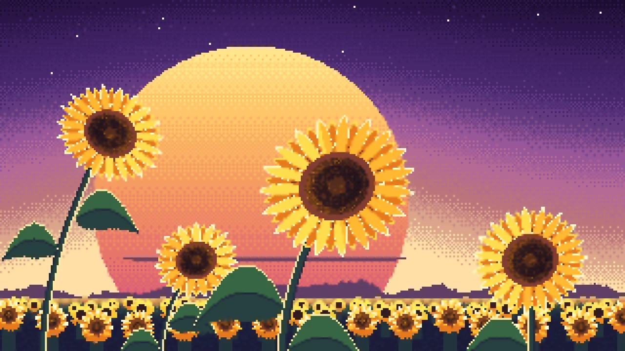 Dark Purple Pixel Art Sunflower Close Up at Sunset desktop wallpaper in 4K