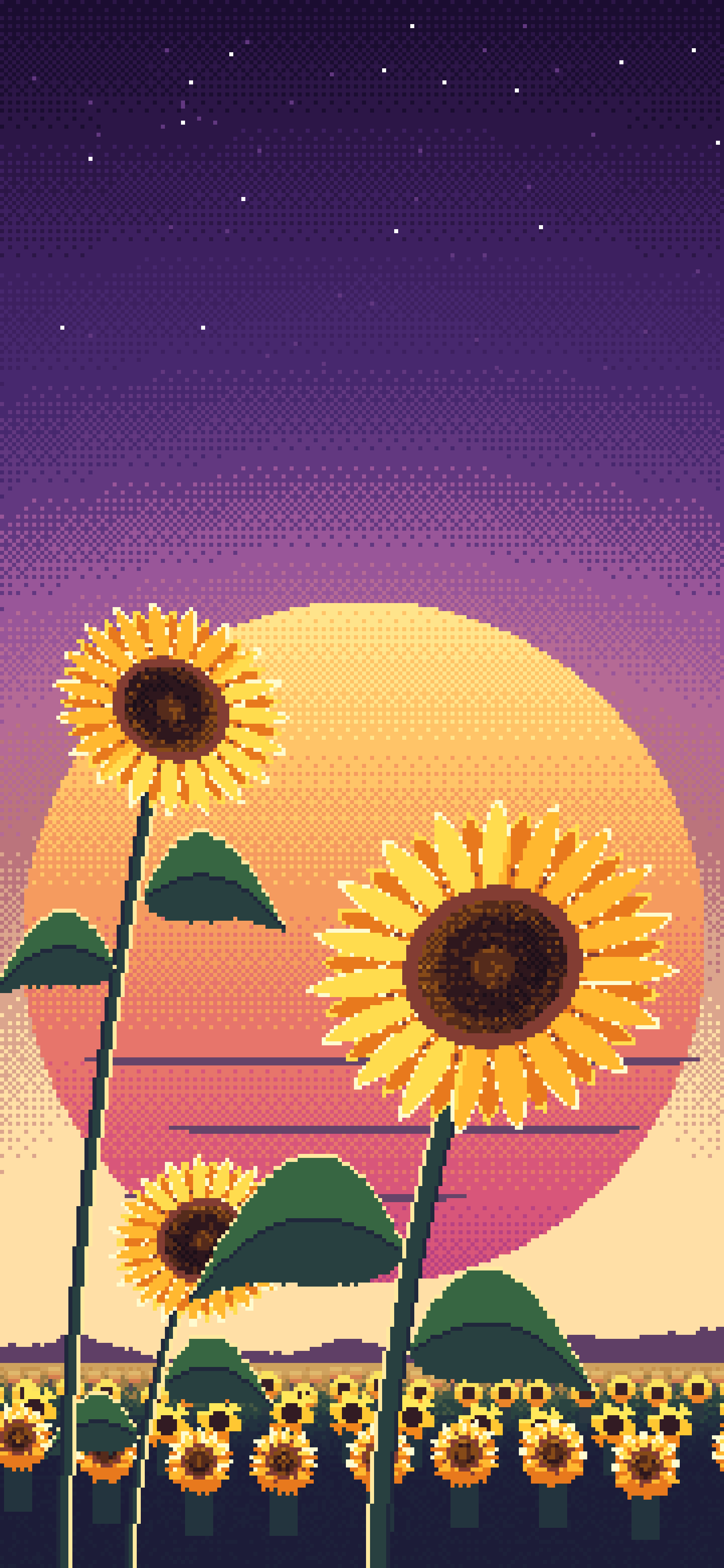 Dark Purple Pixel Art Sunflower Close Up at Sunset wallpaper for iPhone and Android