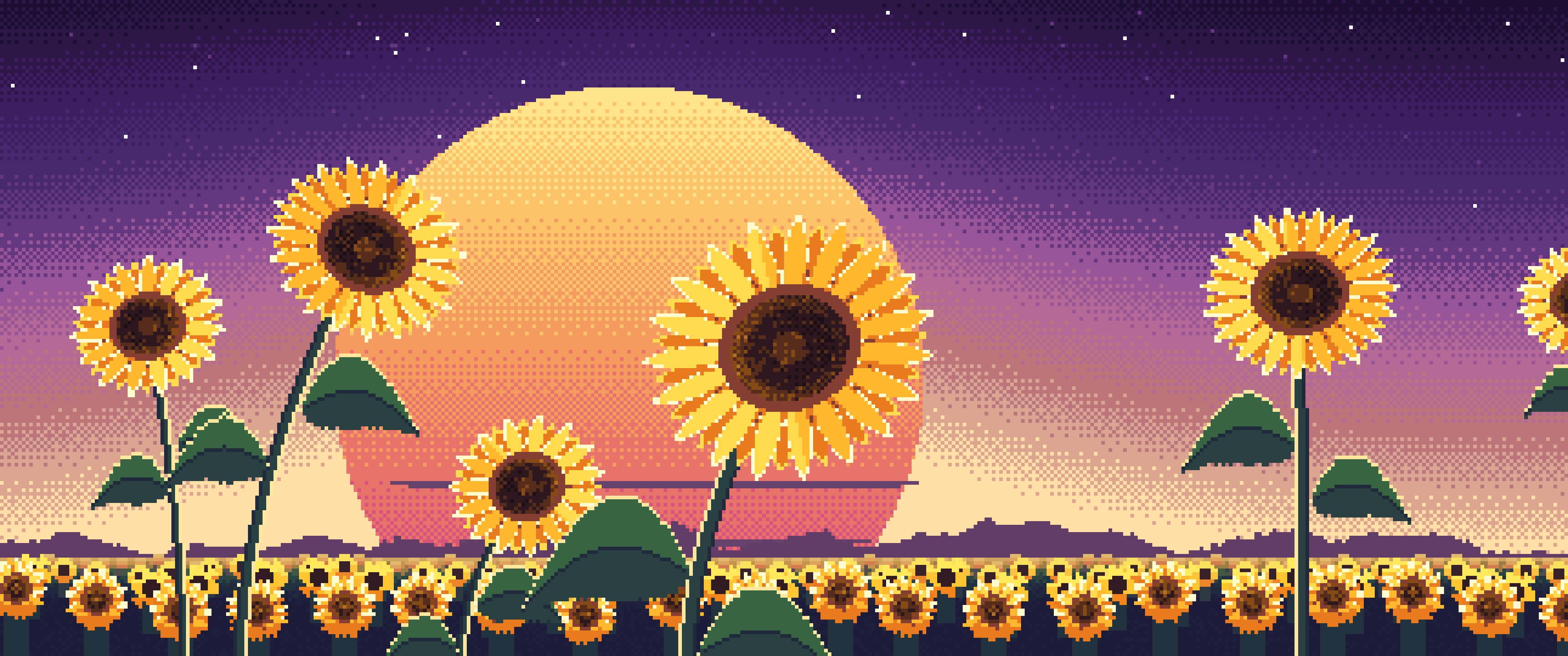 Dark Purple Pixel Art Sunflower Close Up at Sunset ultrawide wallpaper, 3440 × 1440