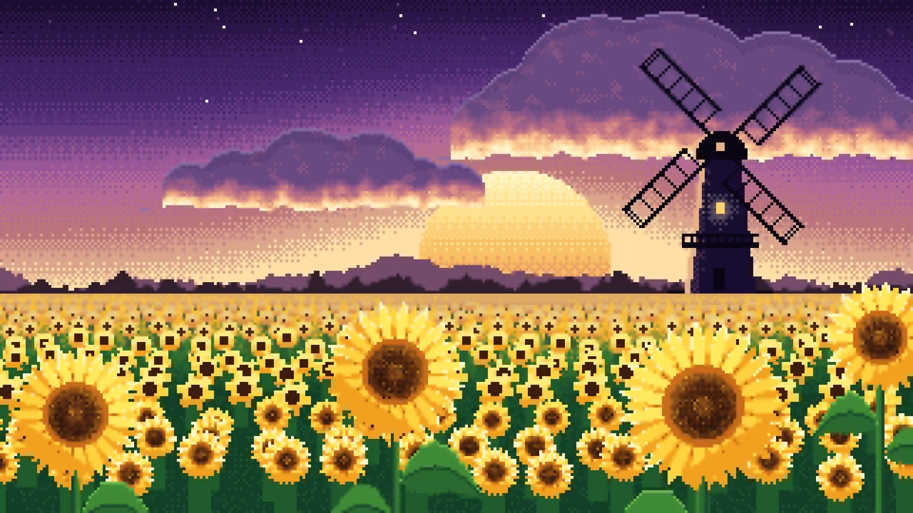Dark Purple Pixel Art Sunflower Field and Windmill at Sunset desktop wallpaper in 4K