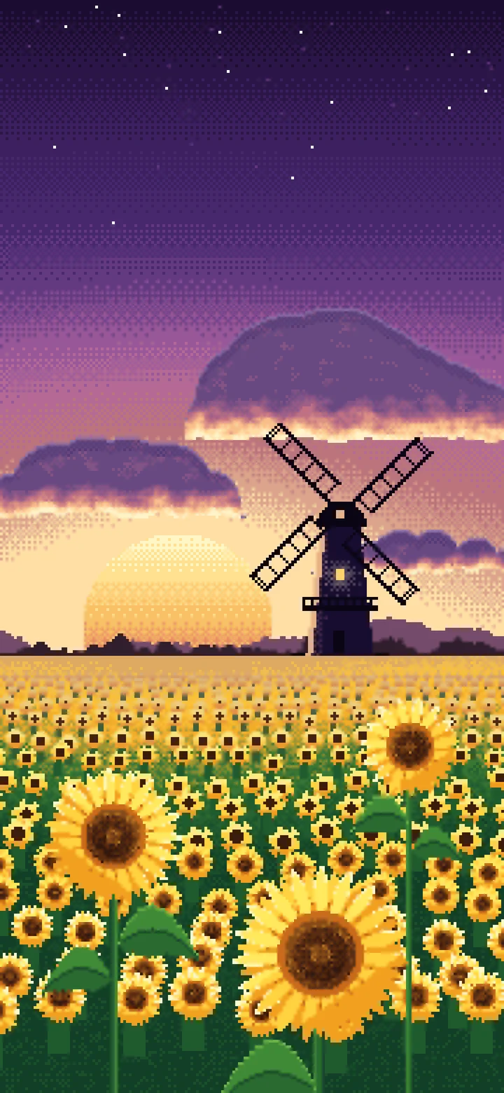 Dark Purple Pixel Art Sunflower Field and Windmill at Sunset wallpaper for iPhone and Android