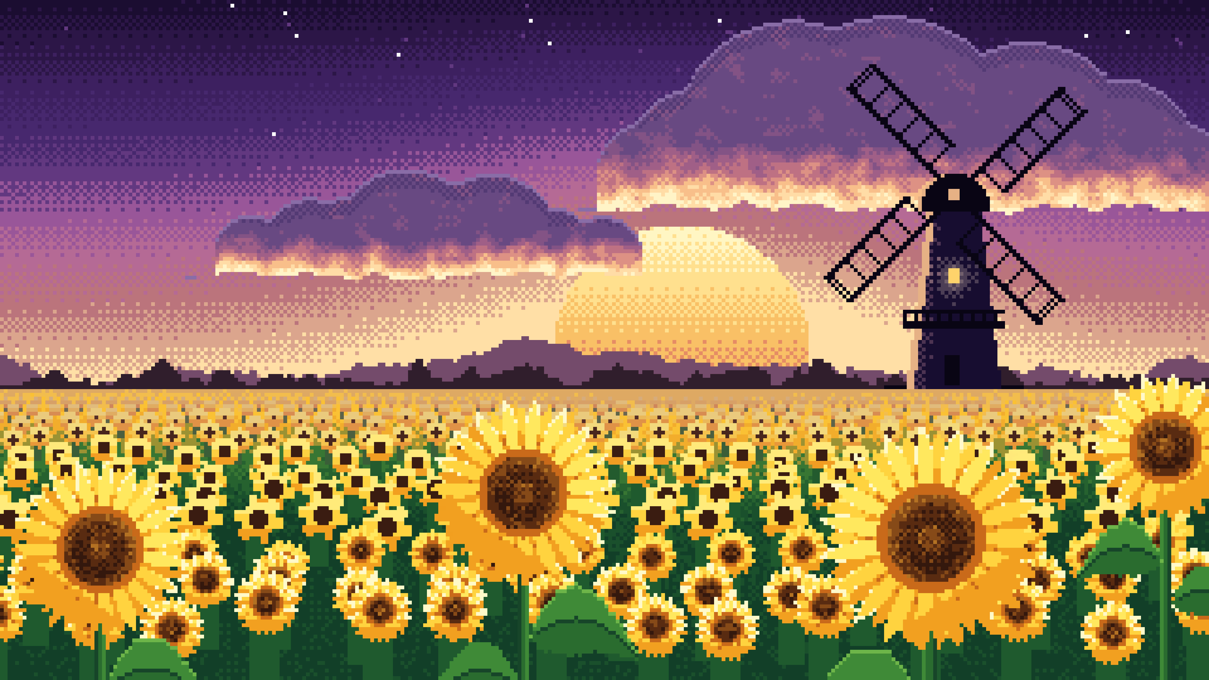Dark Purple Pixel Art Sunflower Field and Windmill at Sunset desktop wallpaper in 4K