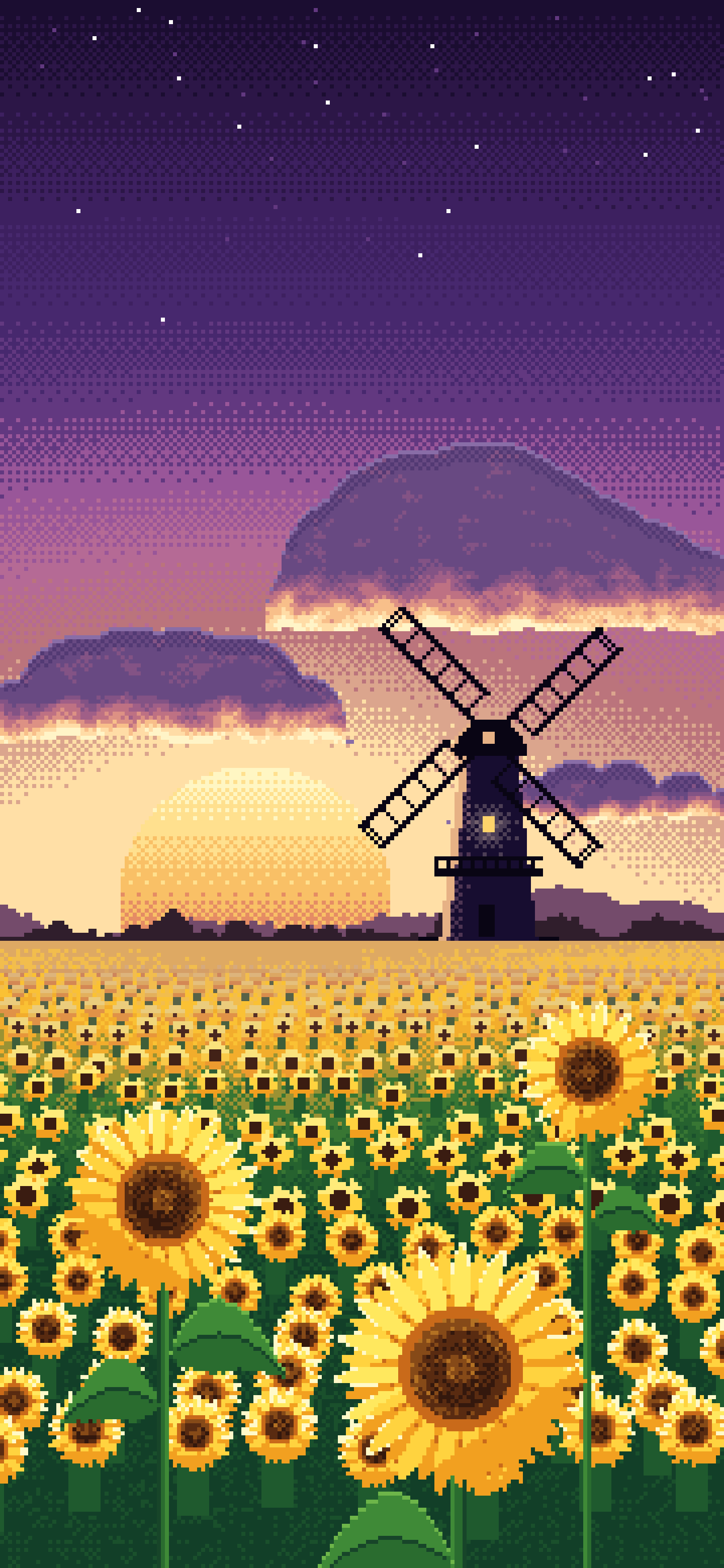 Dark Purple Pixel Art Sunflower Field and Windmill at Sunset wallpaper for iPhone and Android