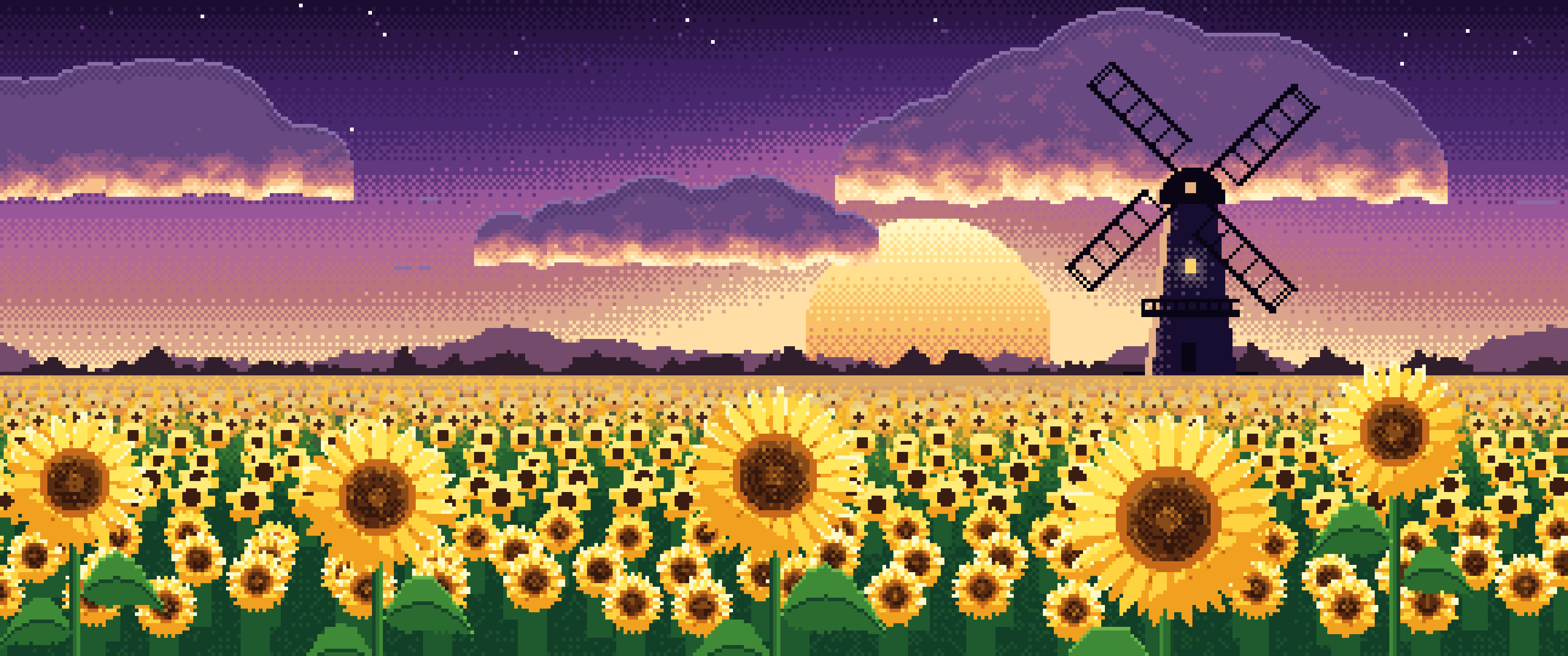 Dark Purple Pixel Art Sunflower Field and Windmill at Sunset ultrawide wallpaper, 3440 × 1440