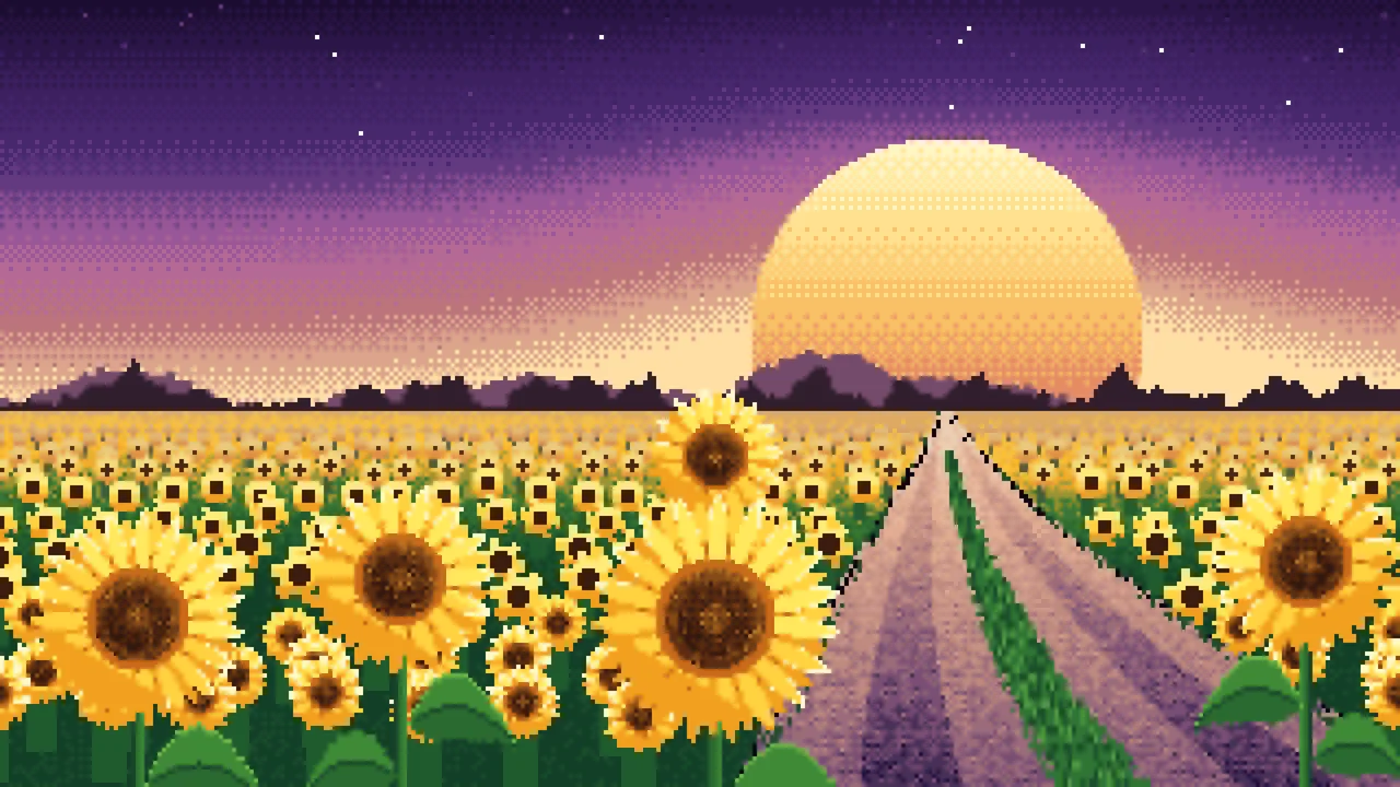 Dark Purple Pixel Art Sunflower Field Road at Sunset desktop wallpaper in 4K