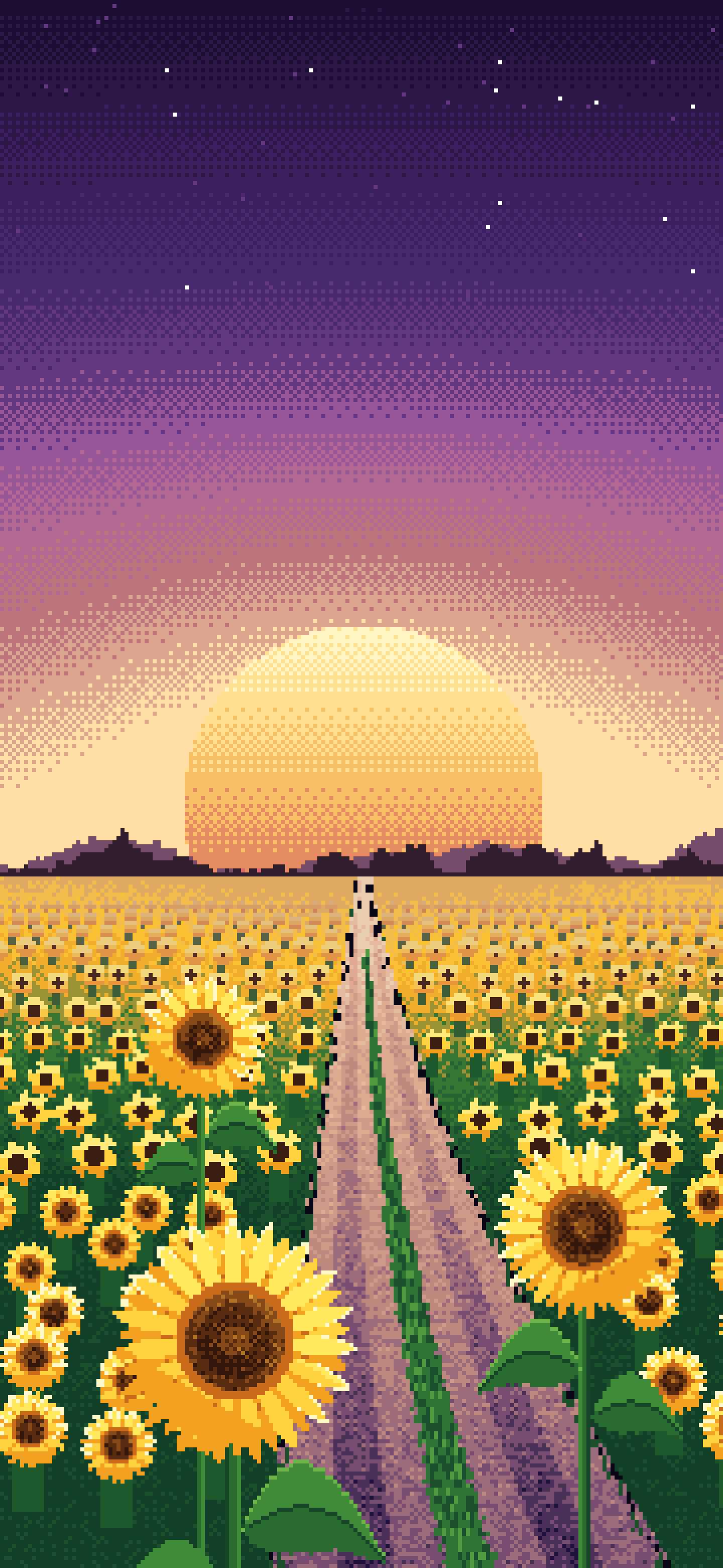 Dark Purple Pixel Art Sunflower Field Road at Sunset wallpaper for iPhone and Android