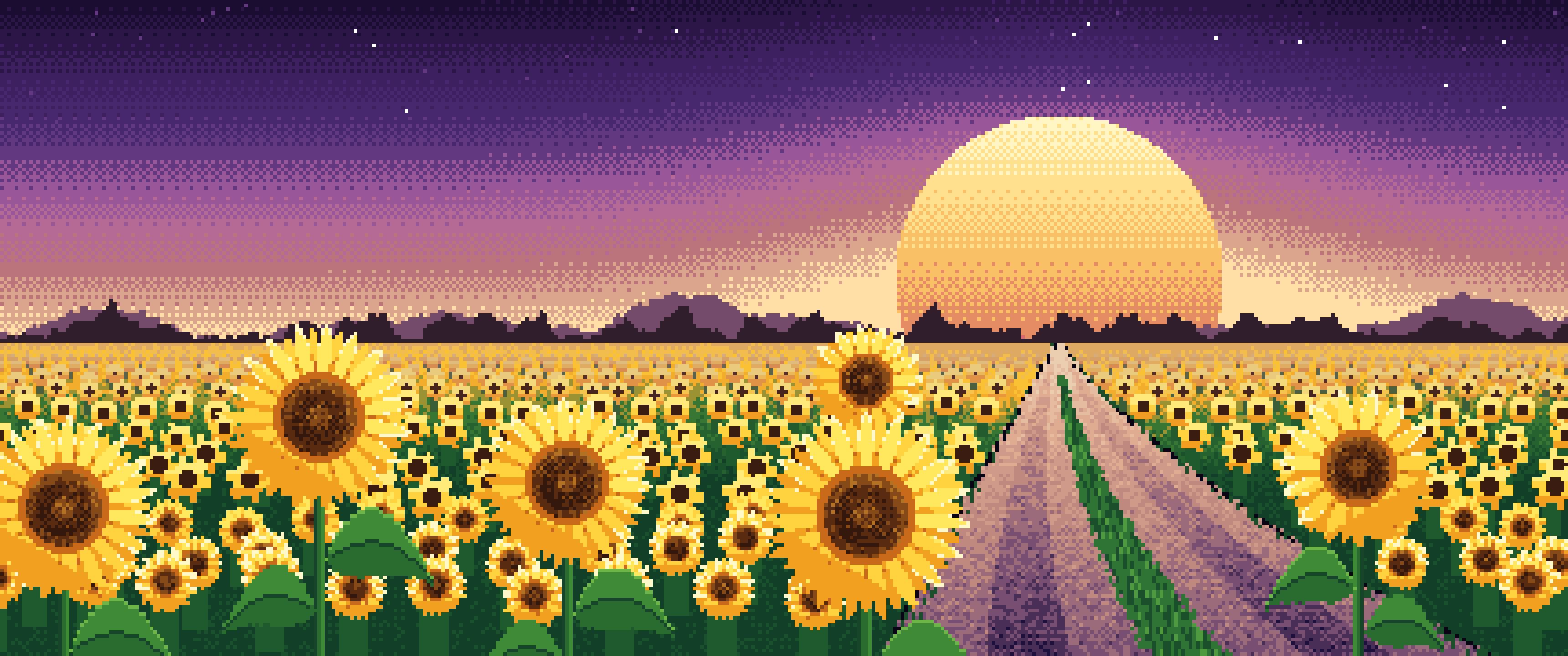 Dark Purple Pixel Art Sunflower Field Road at Sunset ultrawide wallpaper, 3440 × 1440