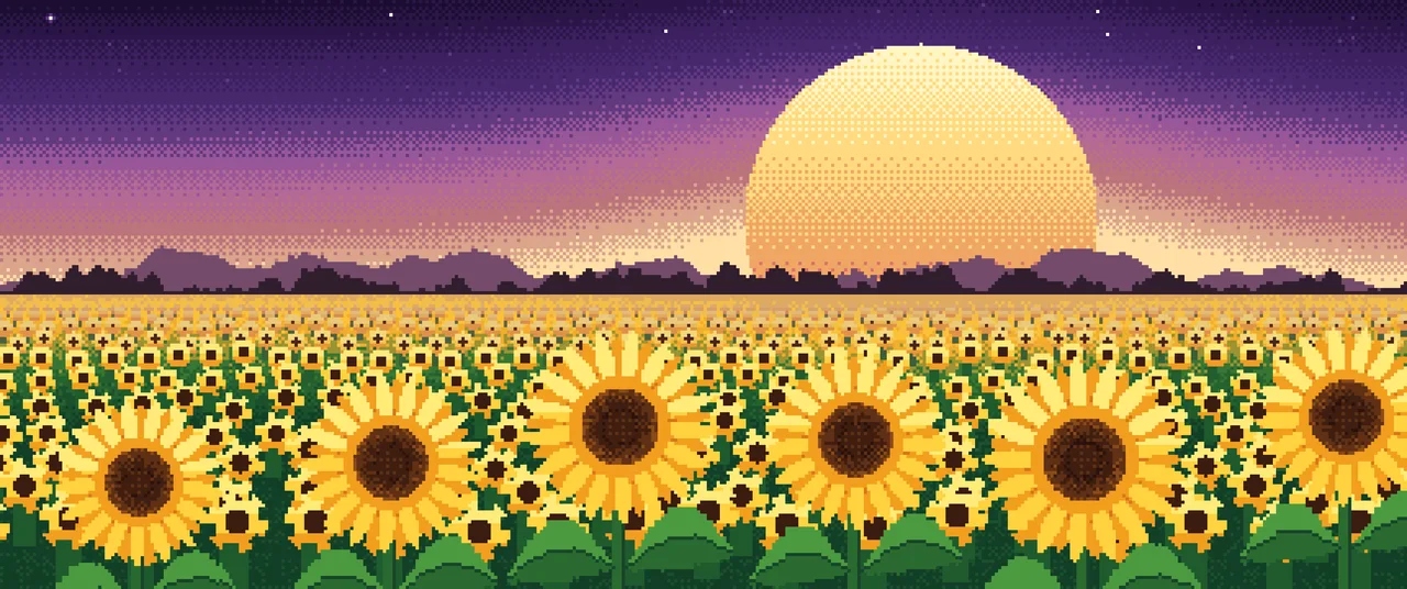 Dark Purple Pixel Art Sunflower Field ultrawide wallpaper, 3440 × 1440