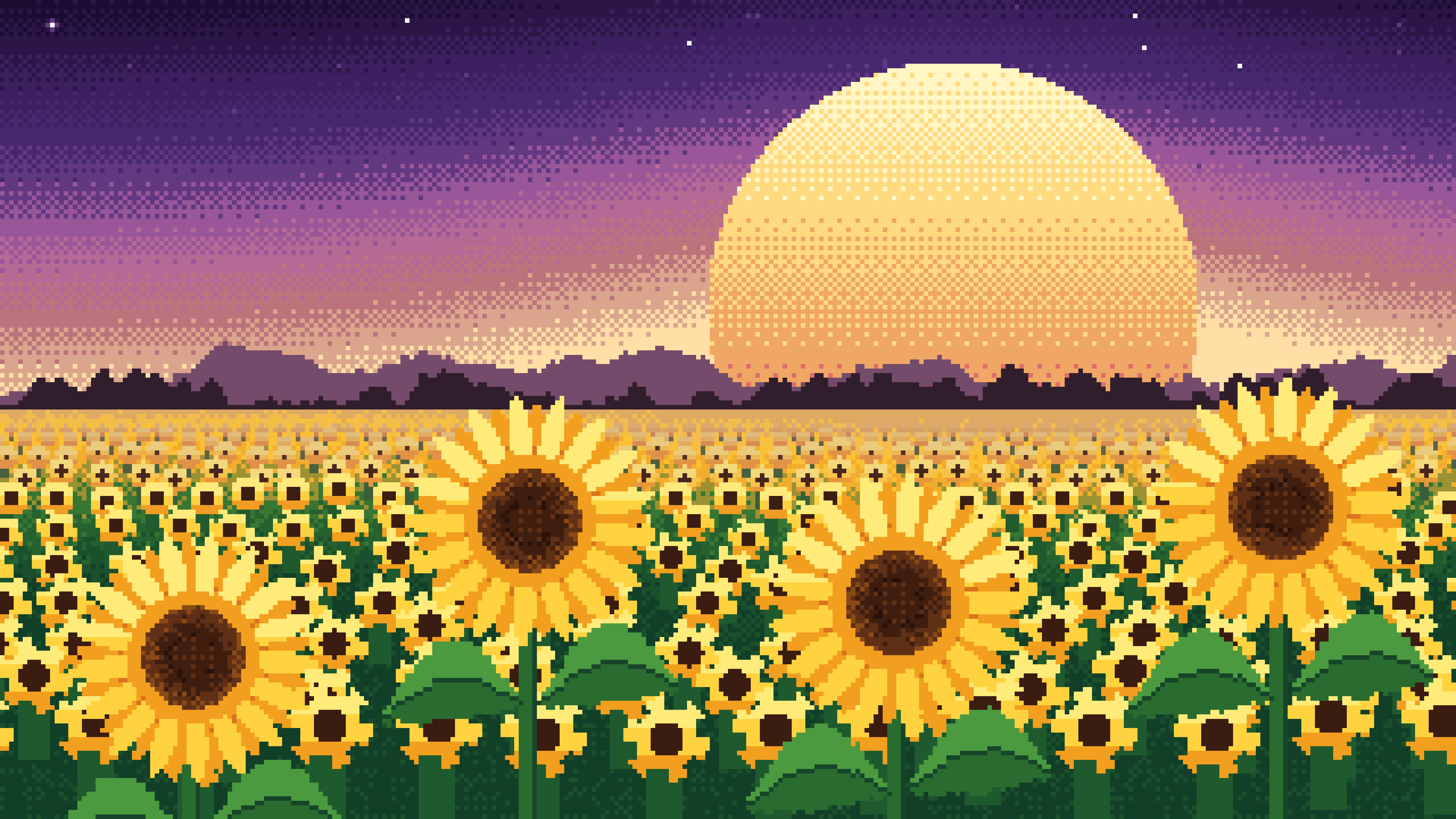 Dark Purple Pixel Art Sunflower Field desktop wallpaper in 4K