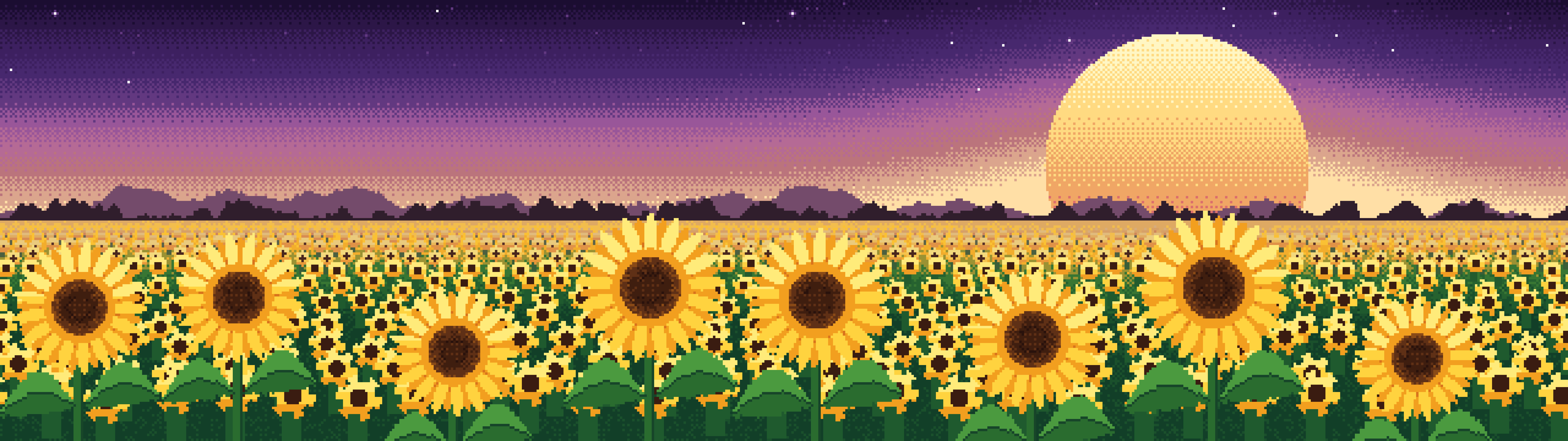 Dark Purple Pixel Art Sunflower Field dual monitor wallpaper, 7680 × 2160