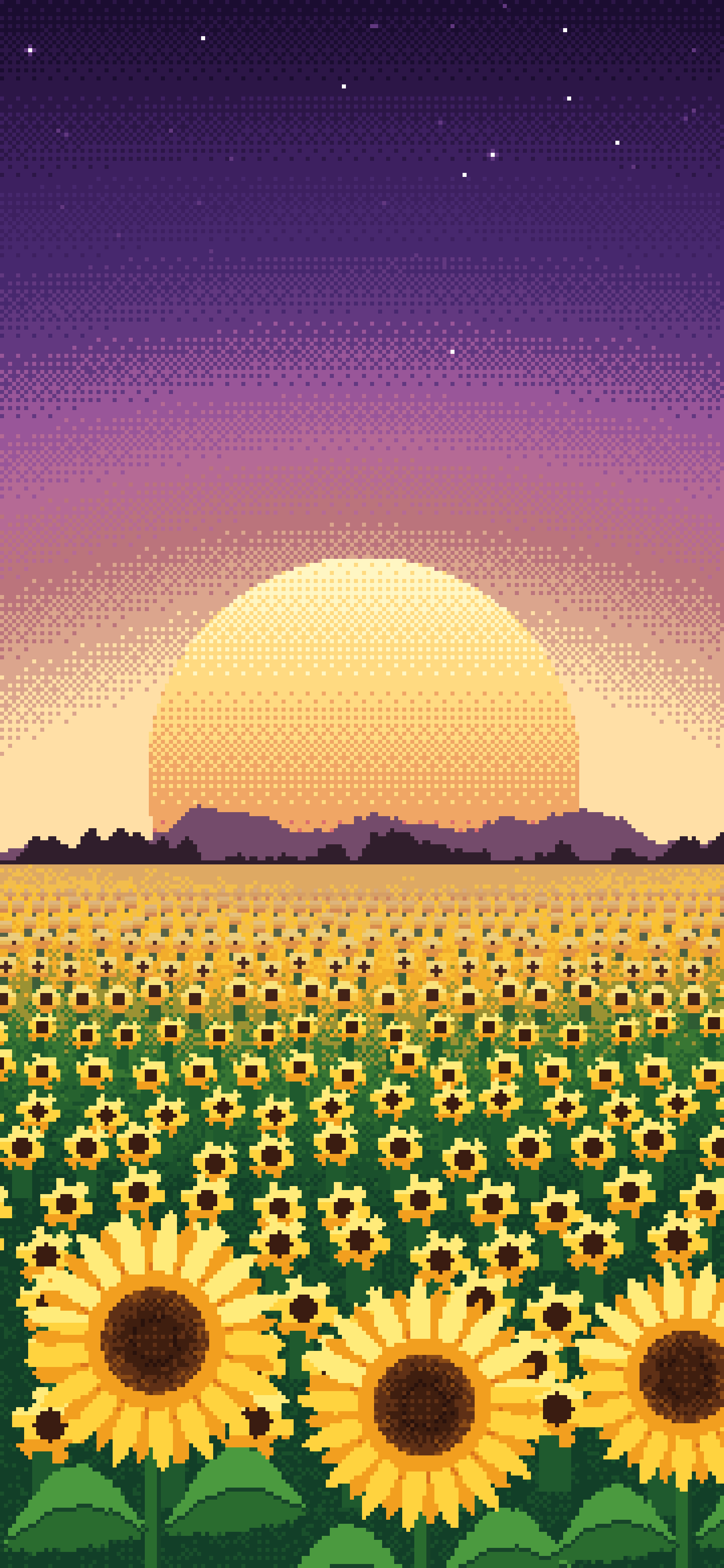 Dark Purple Pixel Art Sunflower Field wallpaper for iPhone and Android