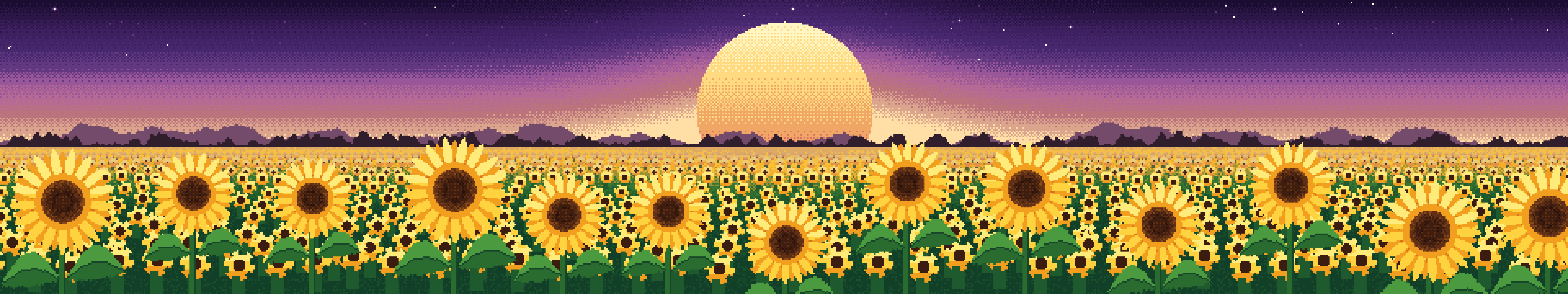 Dark Purple Pixel Art Sunflower Field triple monitor wallpaper, 7680 × 1440