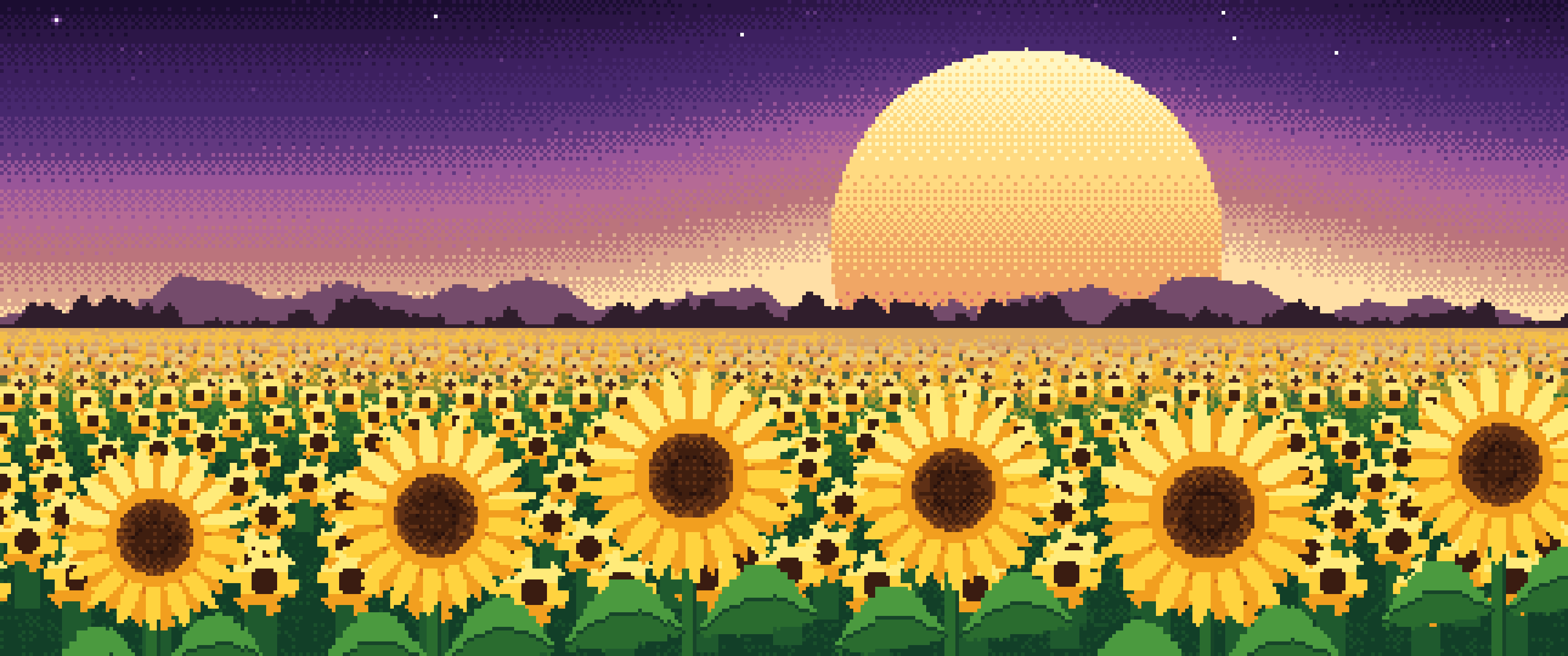 Dark Purple Pixel Art Sunflower Field ultrawide wallpaper, 3440 × 1440