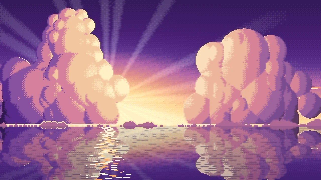 Dark Purple Pixel Art Sunset Clouds Over the Ocean desktop wallpaper in 4K