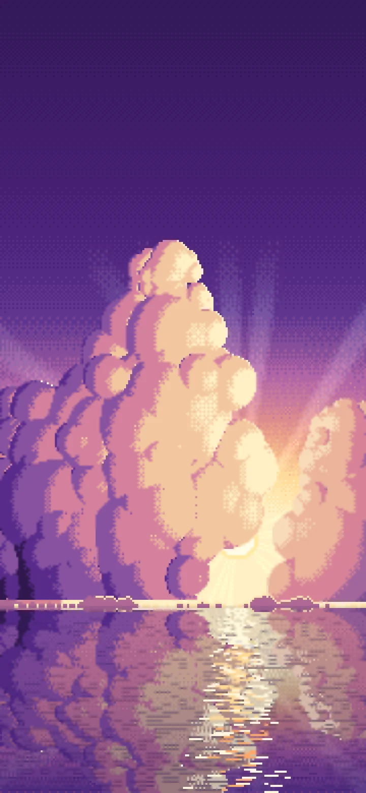 Dark Purple Pixel Art Sunset Clouds Over the Ocean wallpaper for iPhone and Android