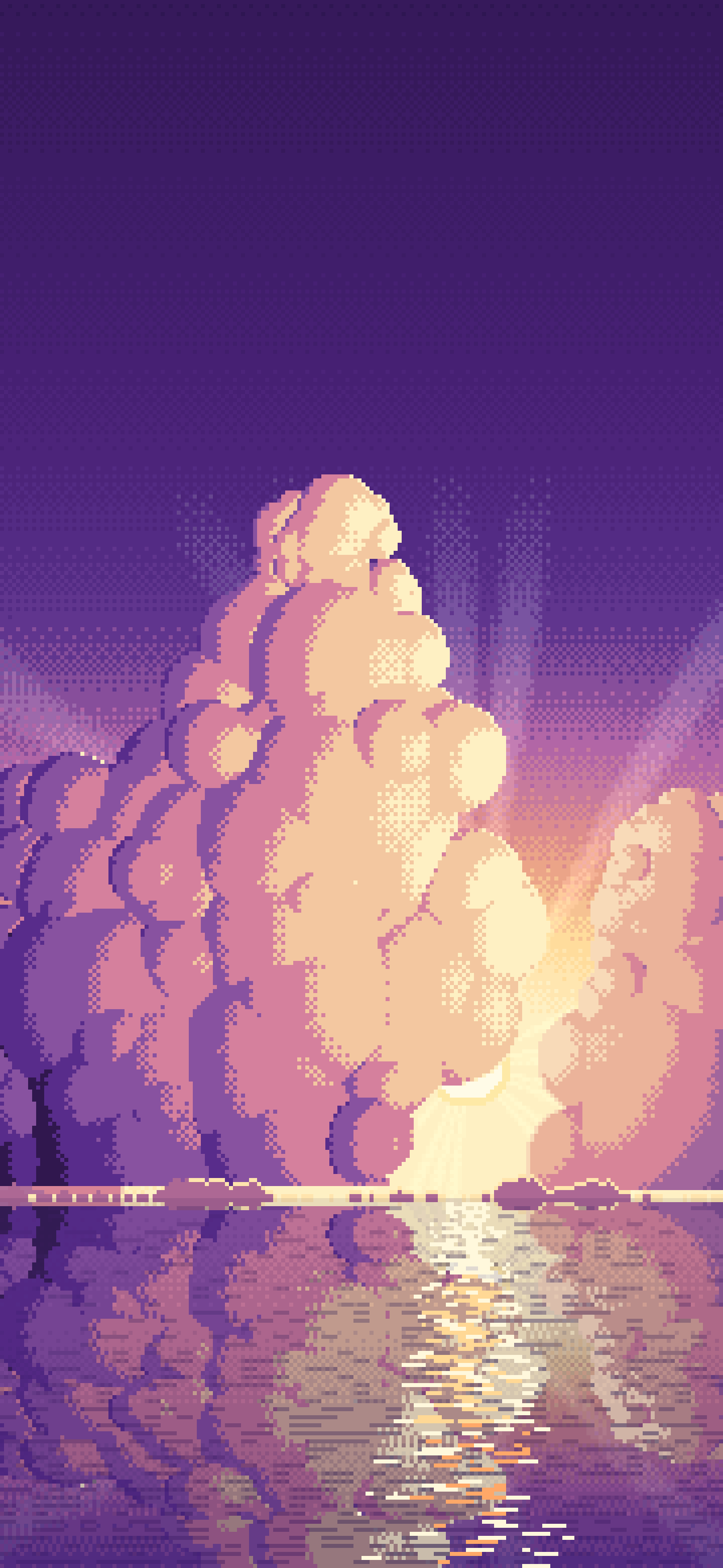 Dark Purple Pixel Art Sunset Clouds Over the Ocean wallpaper for iPhone and Android