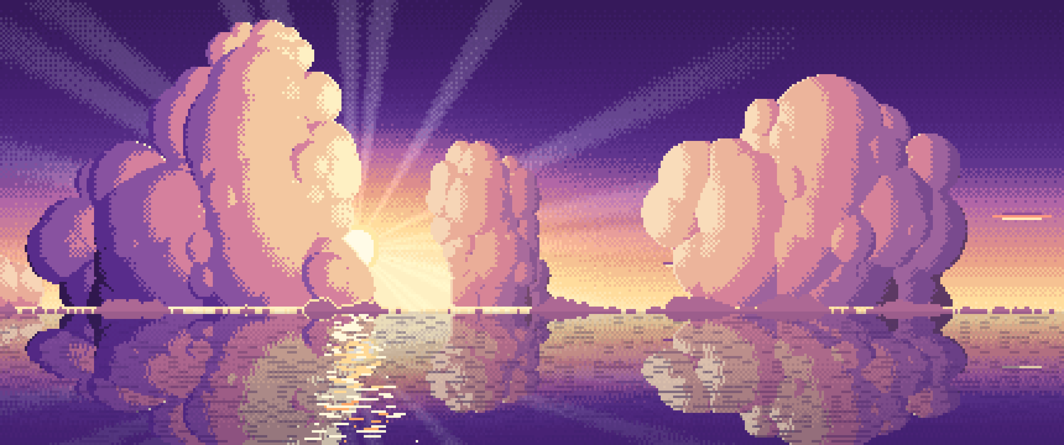 Dark Purple Pixel Art Sunset Clouds Over the Ocean ultrawide wallpaper, 3440 × 1440