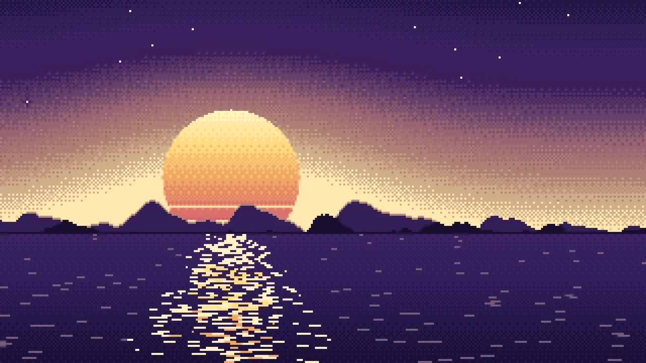 Dark Purple Pixel Art Sunset desktop wallpaper in 4K