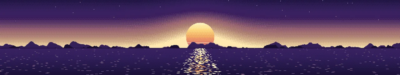 Dark Purple Pixel Art Sunset triple monitor wallpaper, 7680 × 1440