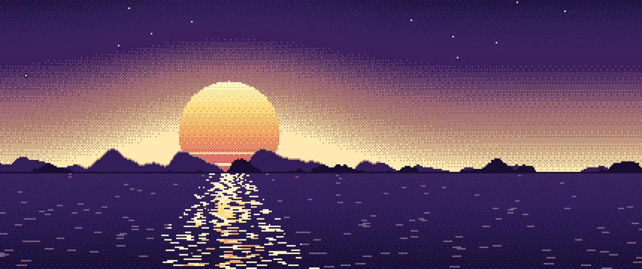 Dark Purple Pixel Art Sunset ultrawide wallpaper, 3440 × 1440