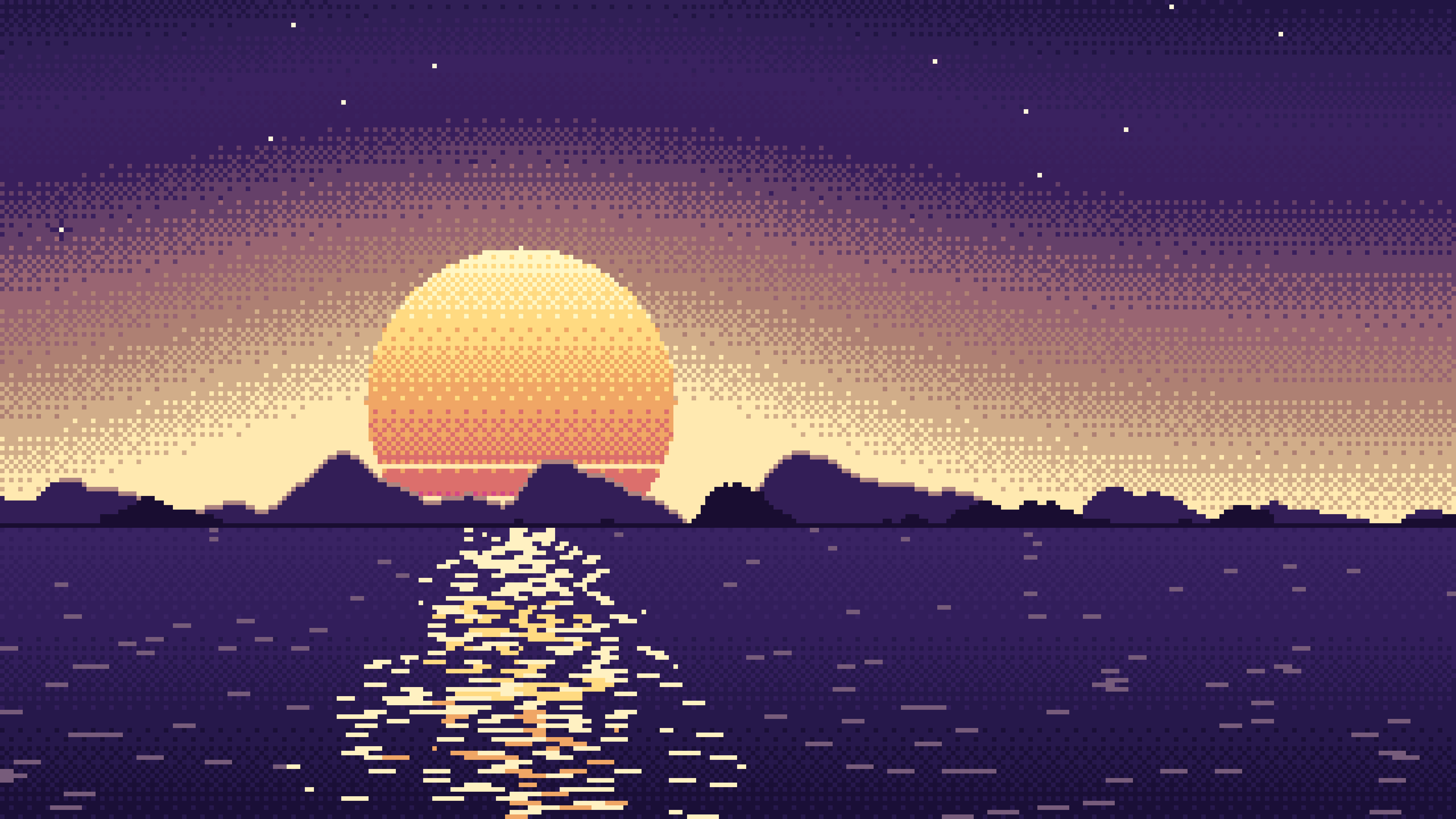 Dark Purple Pixel Art Sunset desktop wallpaper in 4K