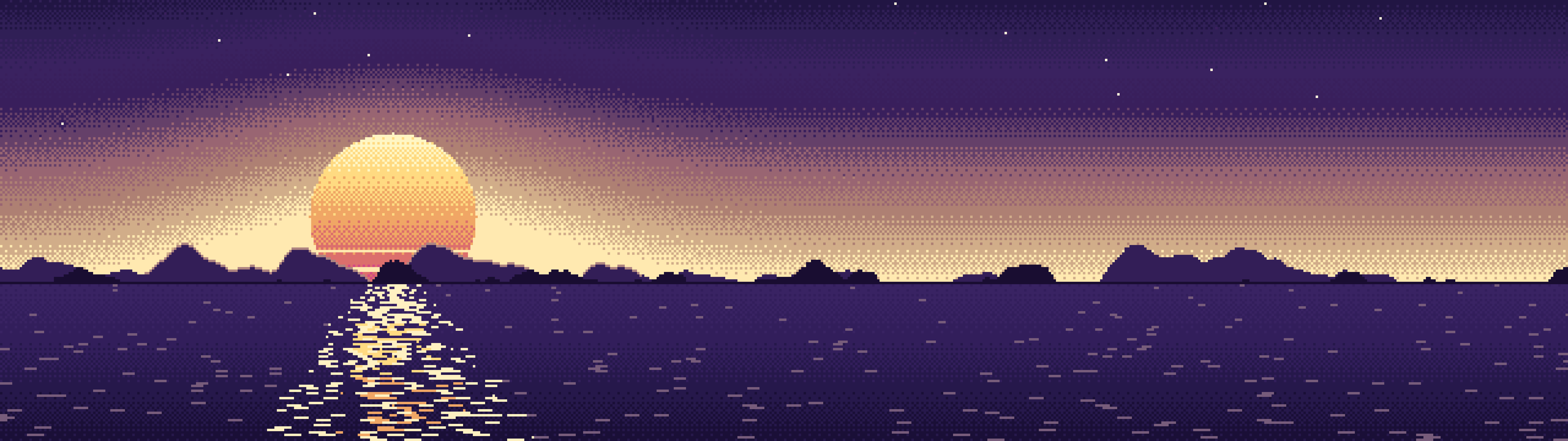 Dark Purple Pixel Art Sunset dual monitor wallpaper, 7680 × 2160