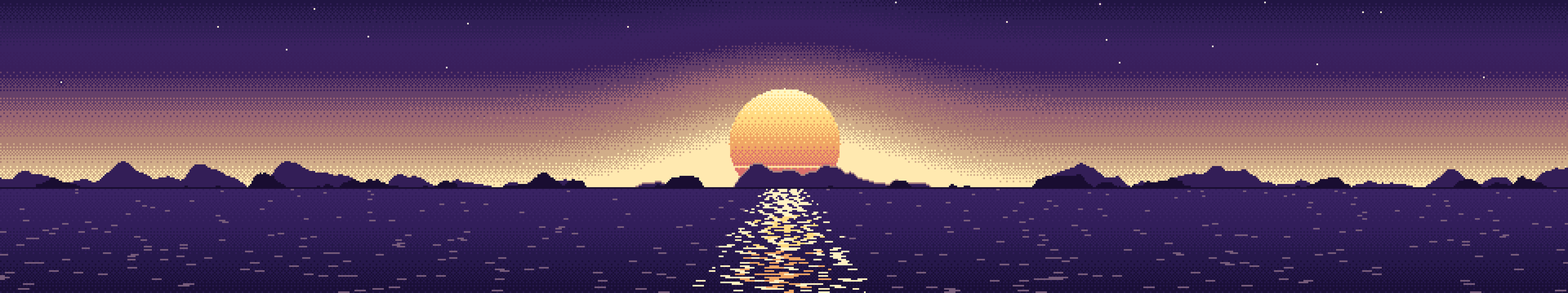 Dark Purple Pixel Art Sunset triple monitor wallpaper, 7680 × 1440