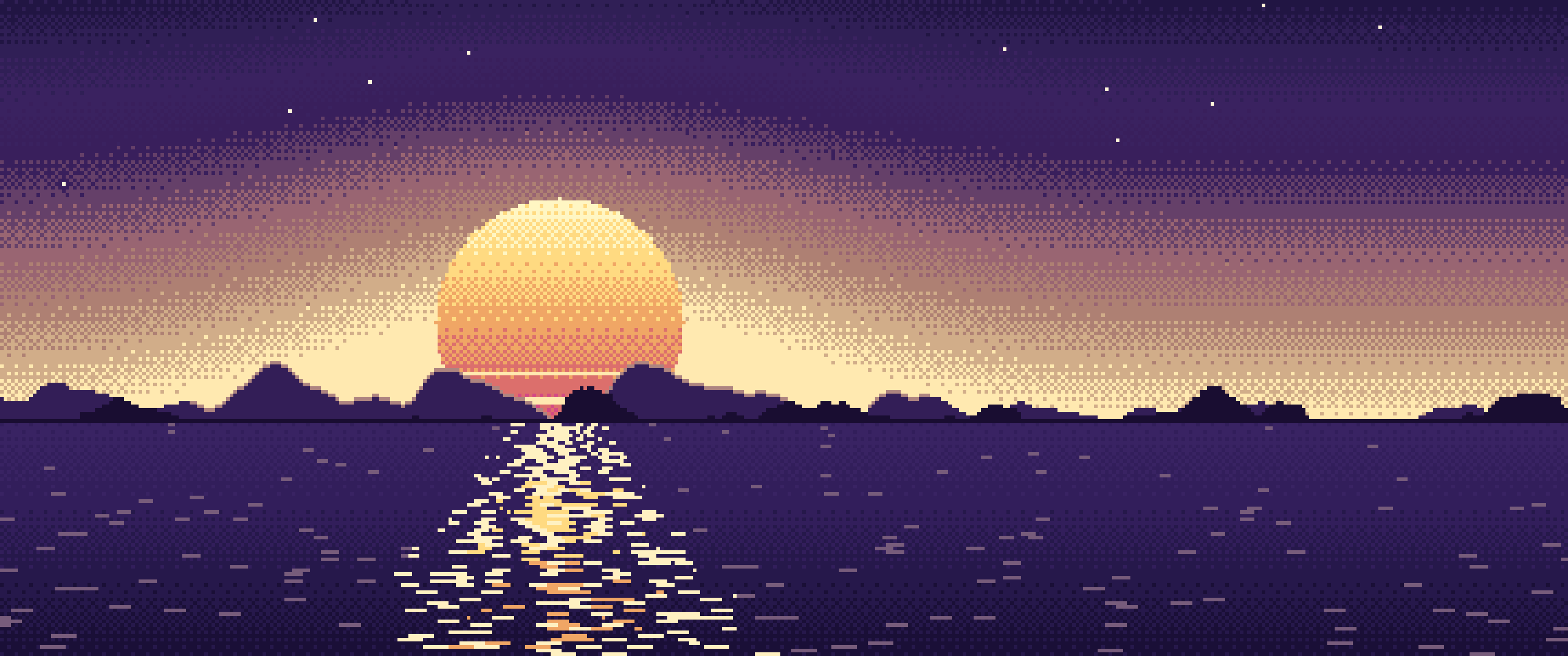 Dark Purple Pixel Art Sunset ultrawide wallpaper, 3440 × 1440