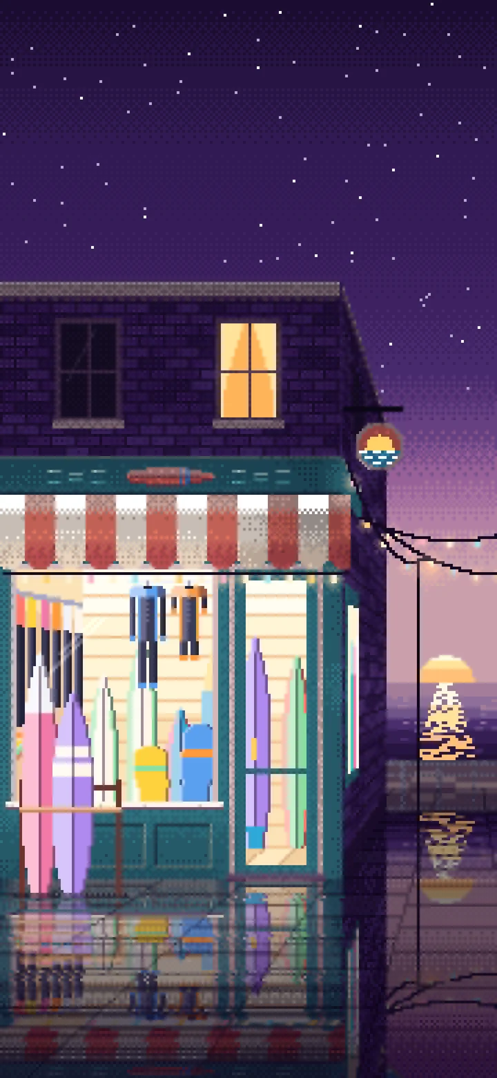 Dark Purple Pixel Art Surf Shop wallpaper for iPhone and Android