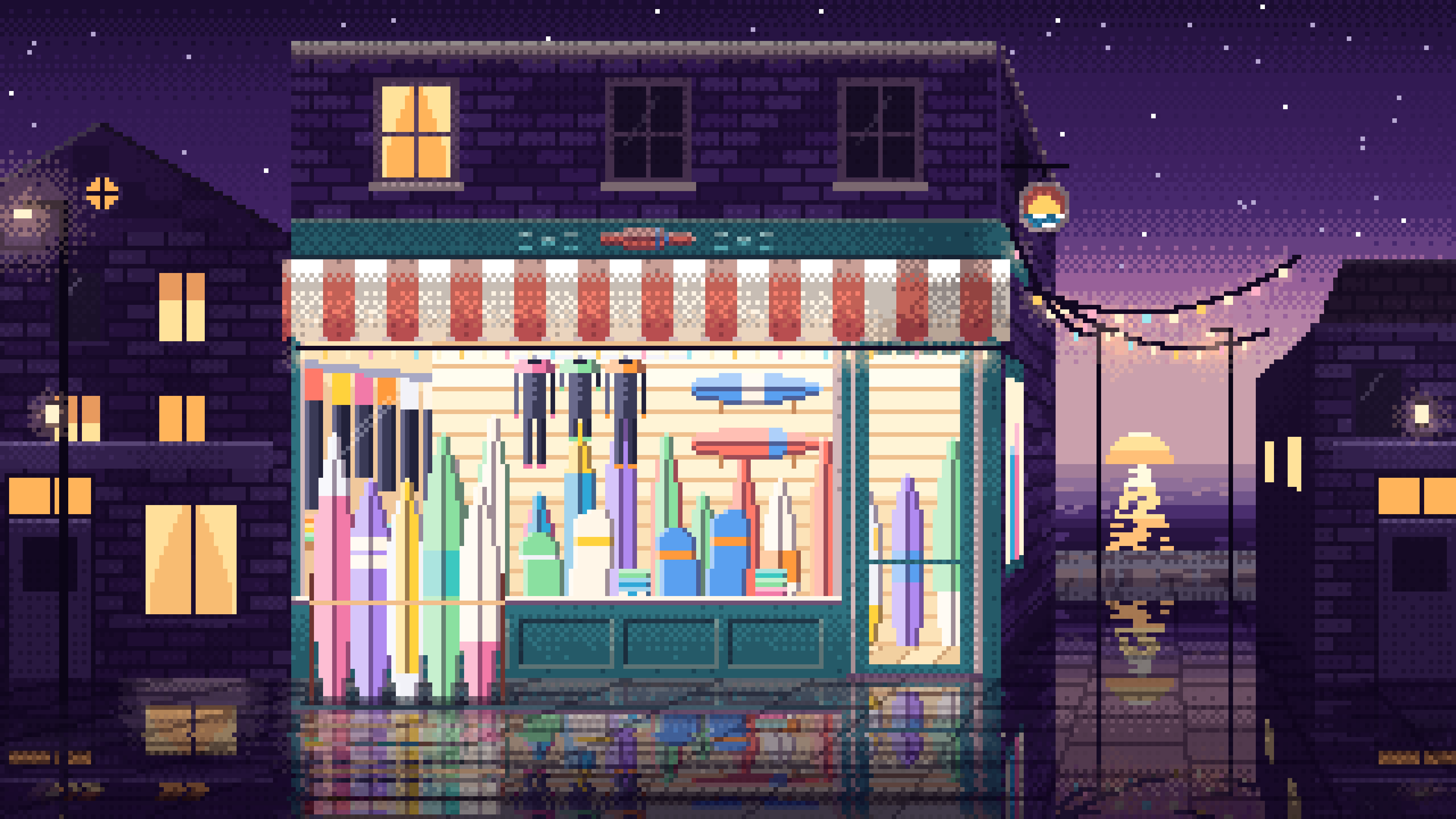 Dark Purple Pixel Art Surf Shop desktop wallpaper in 4K