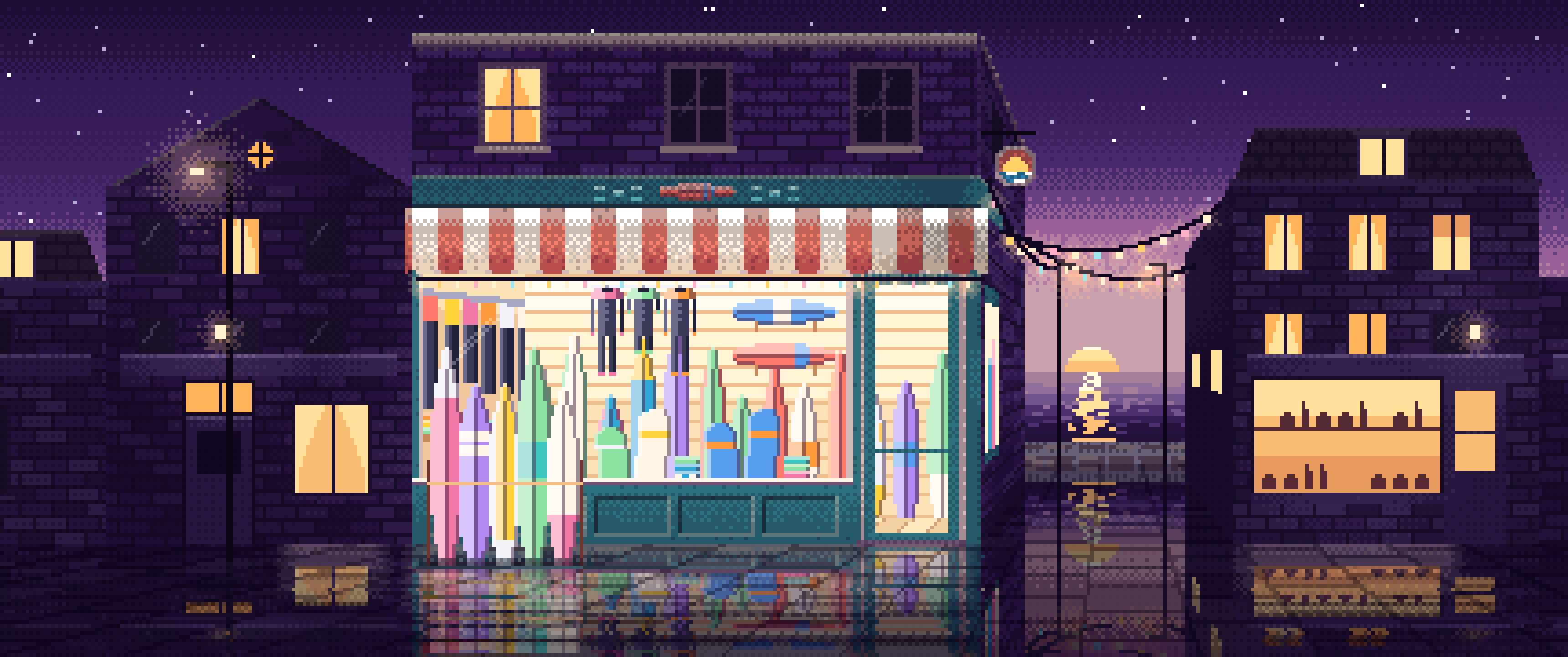 Dark Purple Pixel Art Surf Shop ultrawide wallpaper, 3440 × 1440
