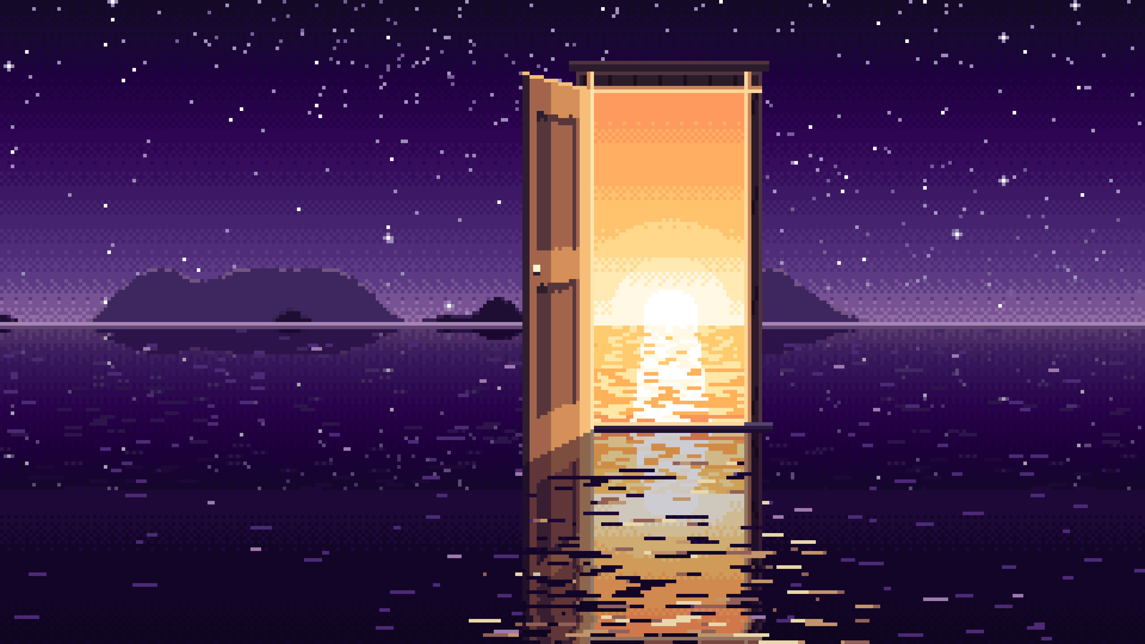 Dark Purple Pixel Art Surreal Door on a Lake at Night desktop wallpaper in 4K