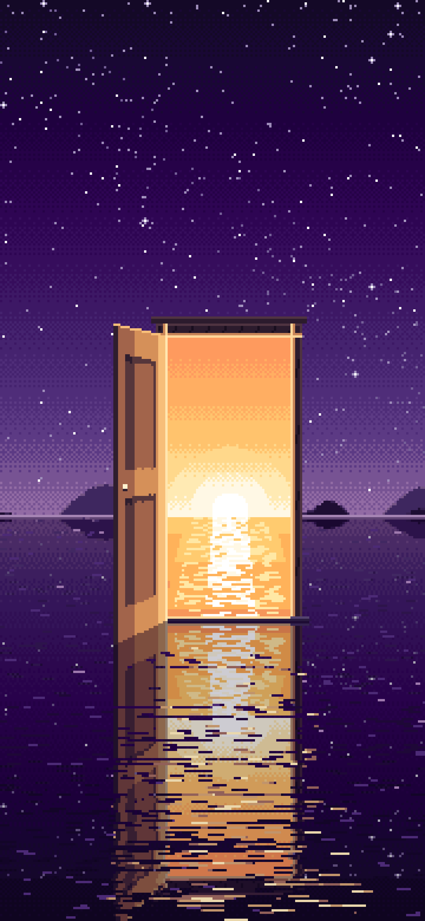Dark Purple Pixel Art Surreal Door on a Lake at Night wallpaper for iPhone and Android