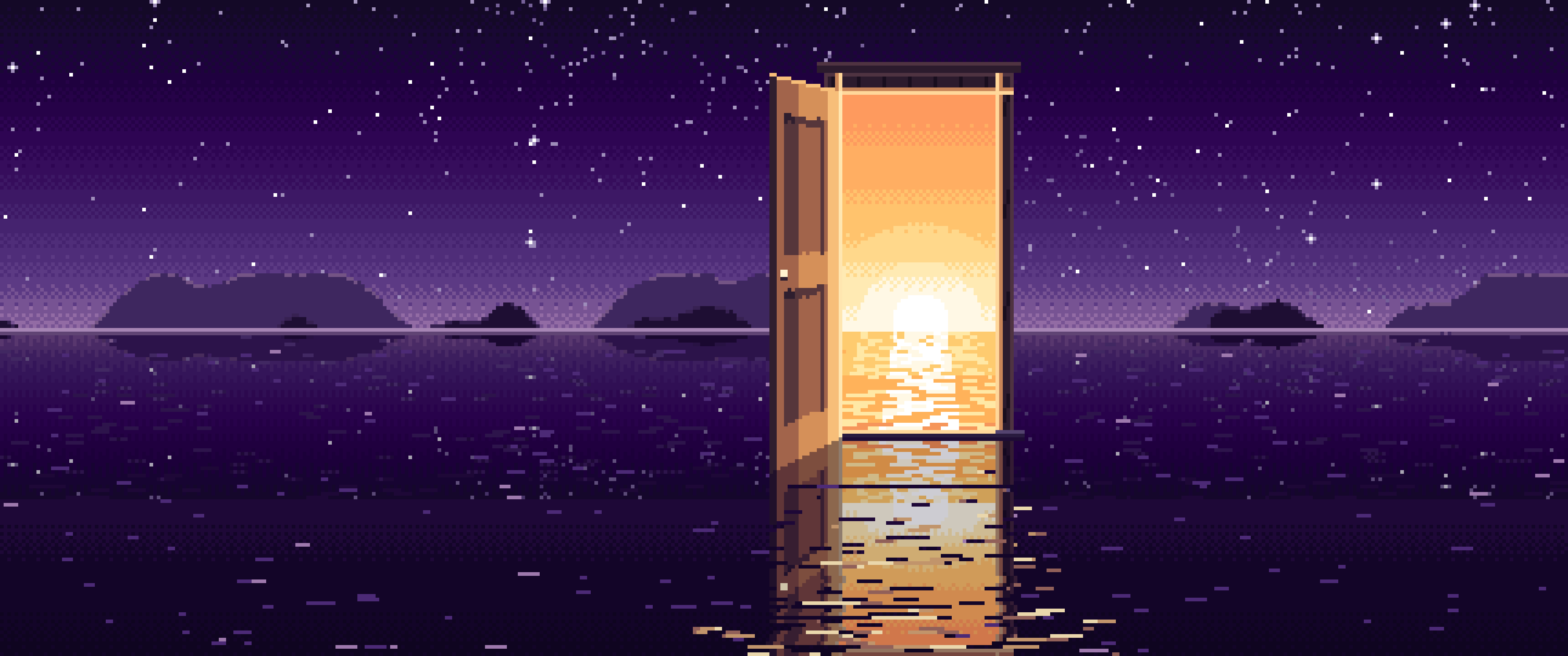 Dark Purple Pixel Art Surreal Door on a Lake at Night ultrawide wallpaper, 3440 × 1440