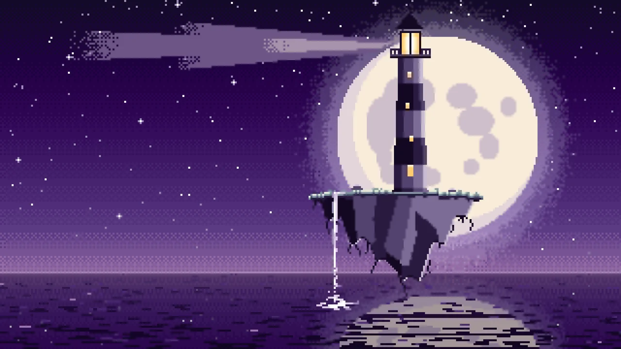 Dark Purple Pixel Art Surreal Lighthouse on a Floating Island desktop wallpaper in 4K