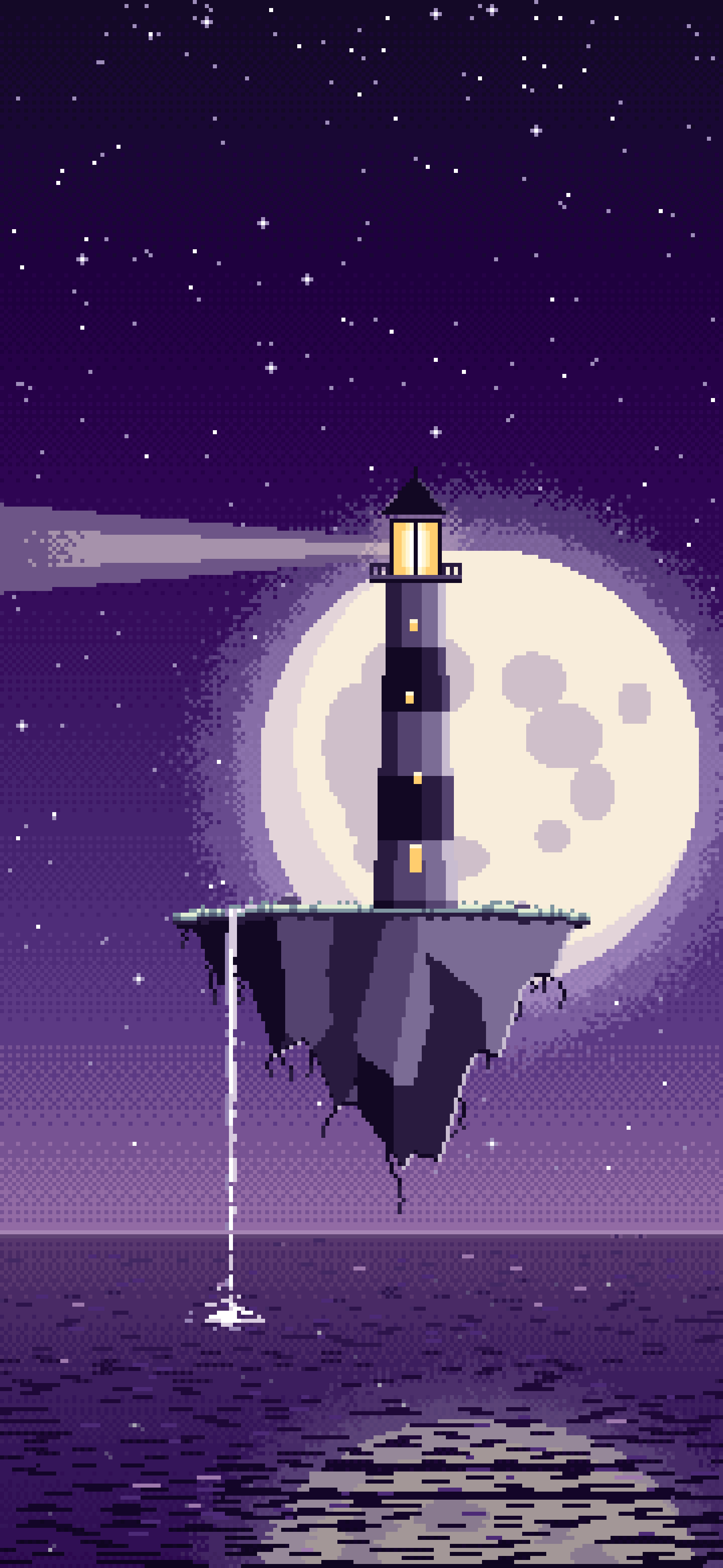Dark Purple Pixel Art Surreal Lighthouse on a Floating Island wallpaper for iPhone and Android