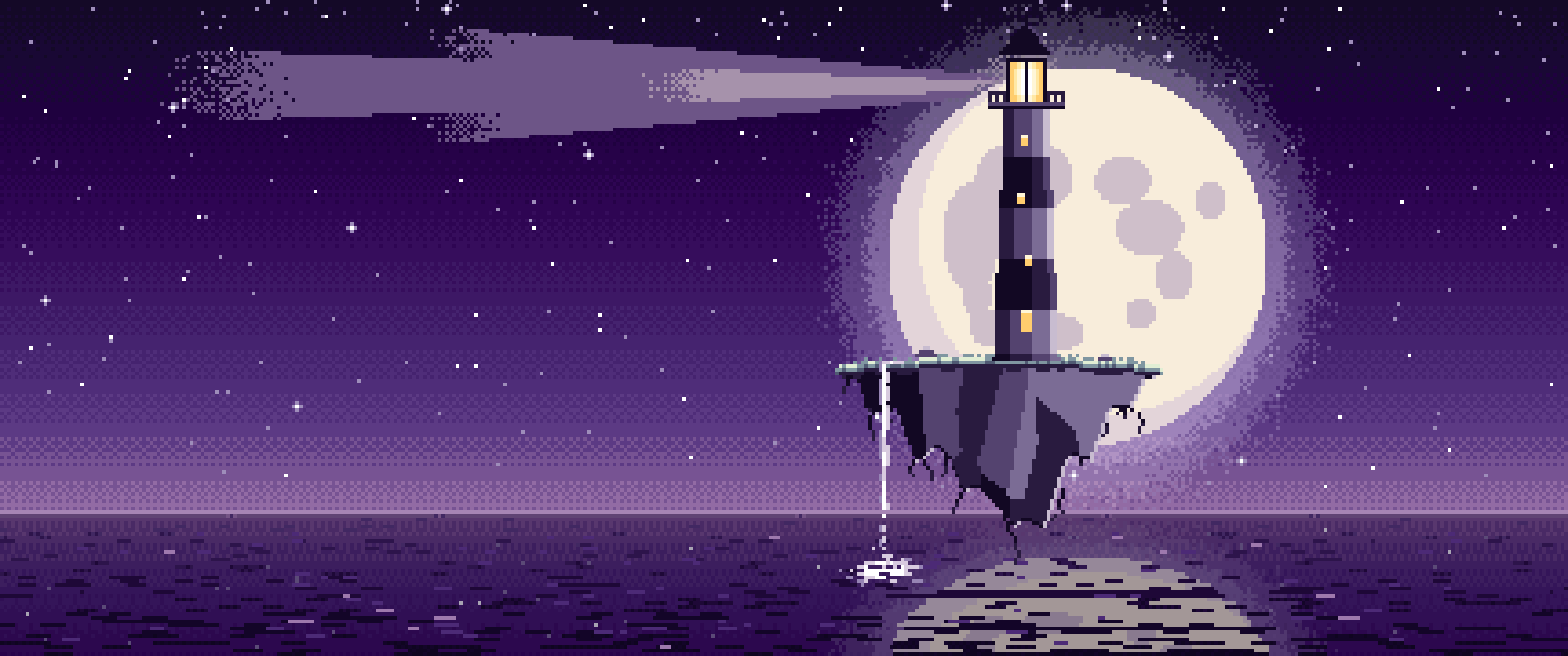 Dark Purple Pixel Art Surreal Lighthouse on a Floating Island ultrawide wallpaper, 3440 × 1440