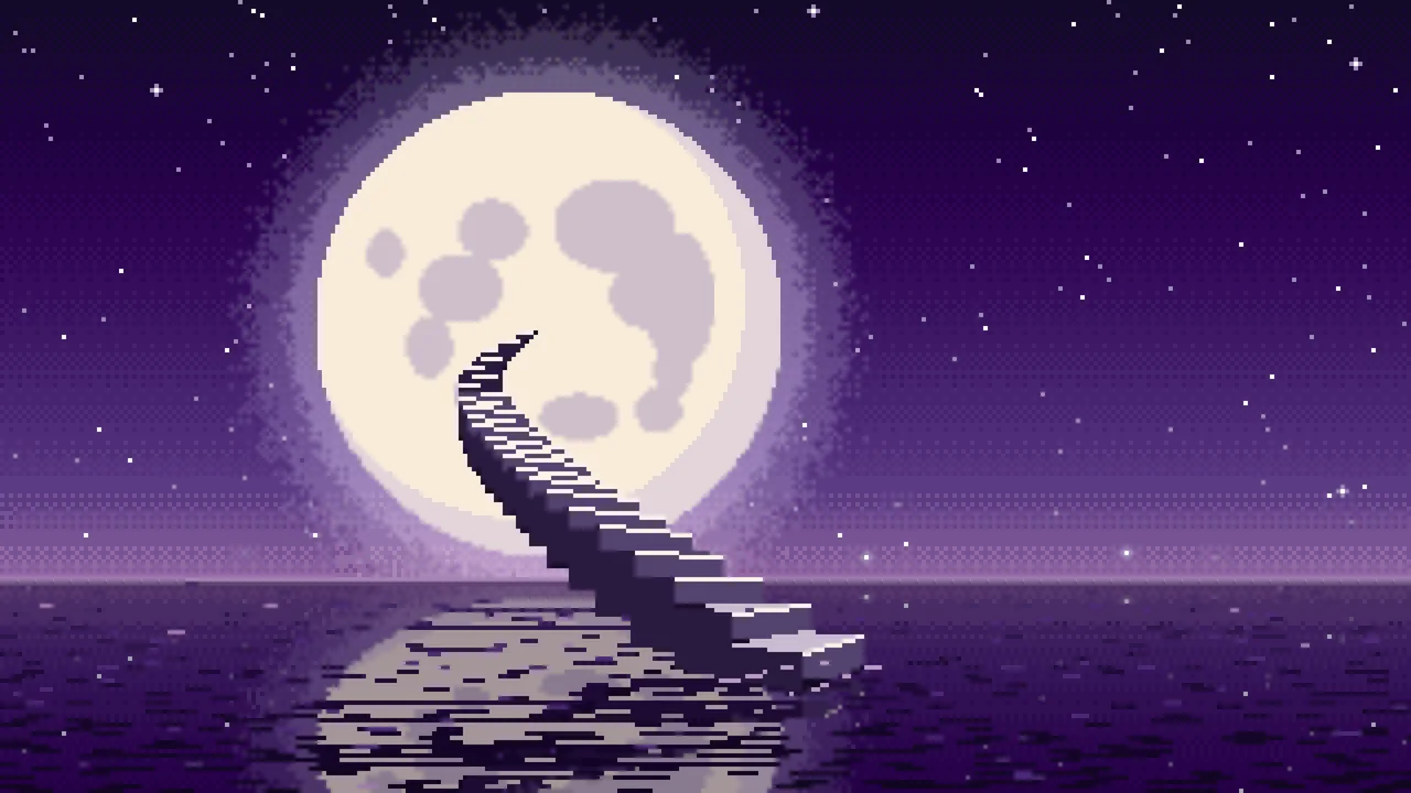 Dark Purple Pixel Art Surreal Stairway to the Moon desktop wallpaper in 4K