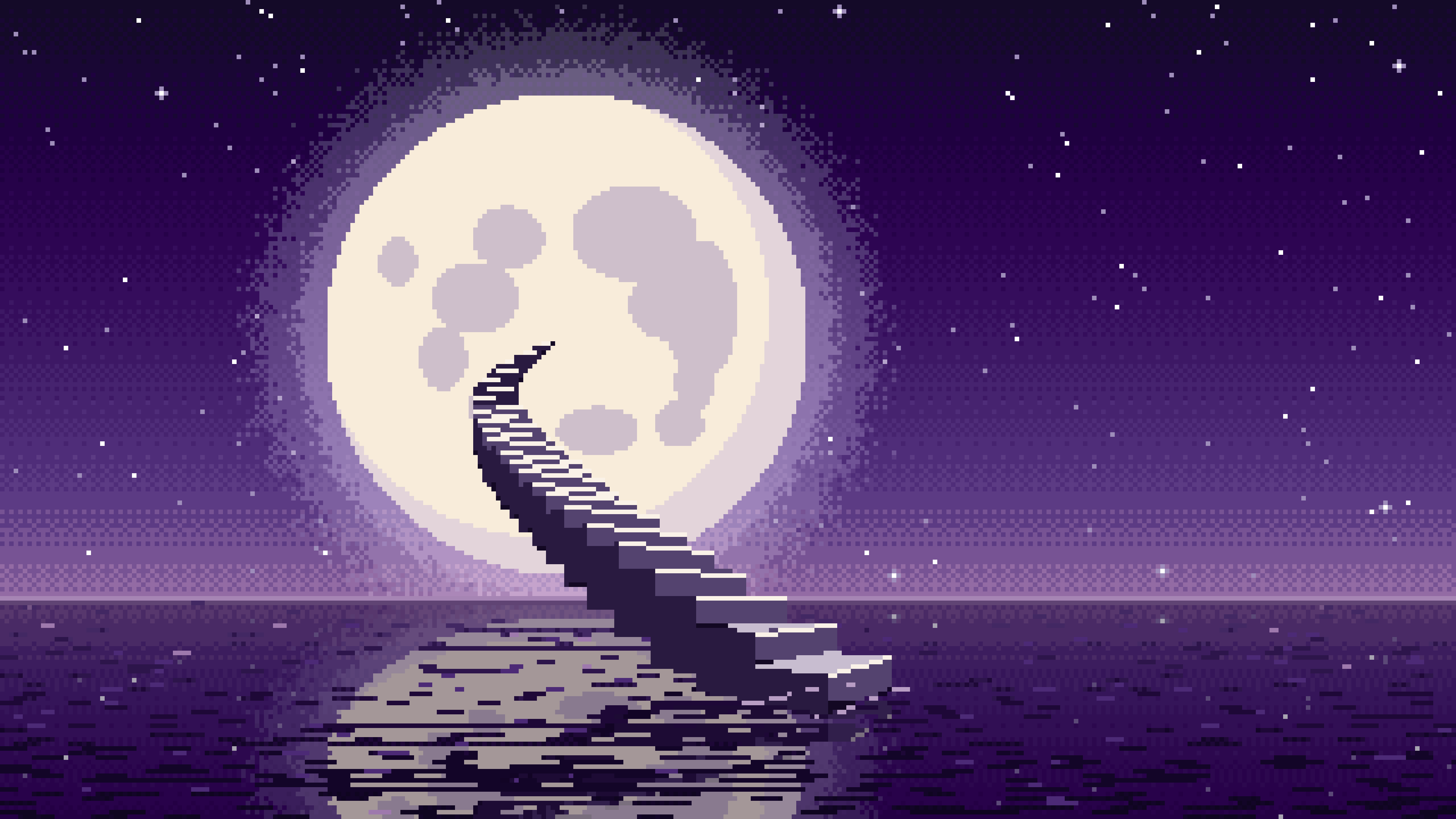 Dark Purple Pixel Art Surreal Stairway to the Moon desktop wallpaper in 4K