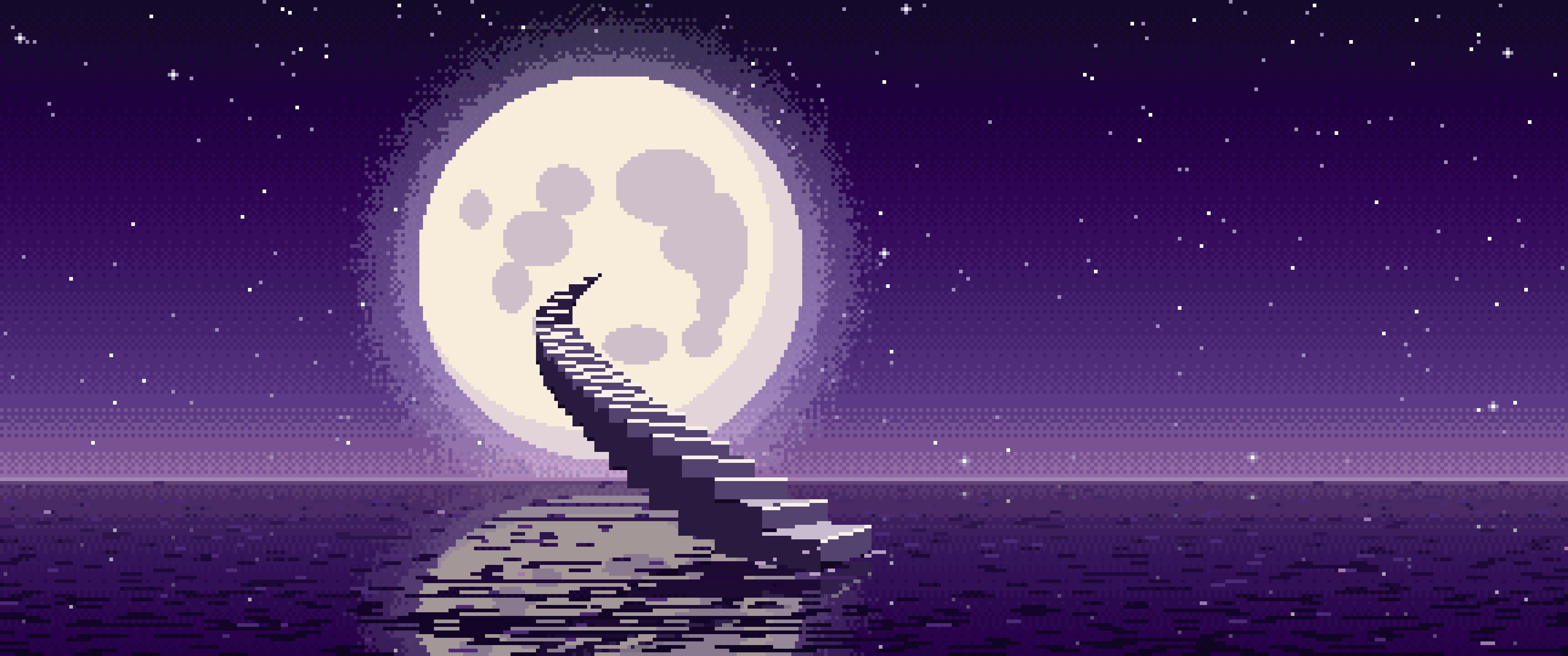 Dark Purple Pixel Art Surreal Stairway to the Moon ultrawide wallpaper, 3440 × 1440