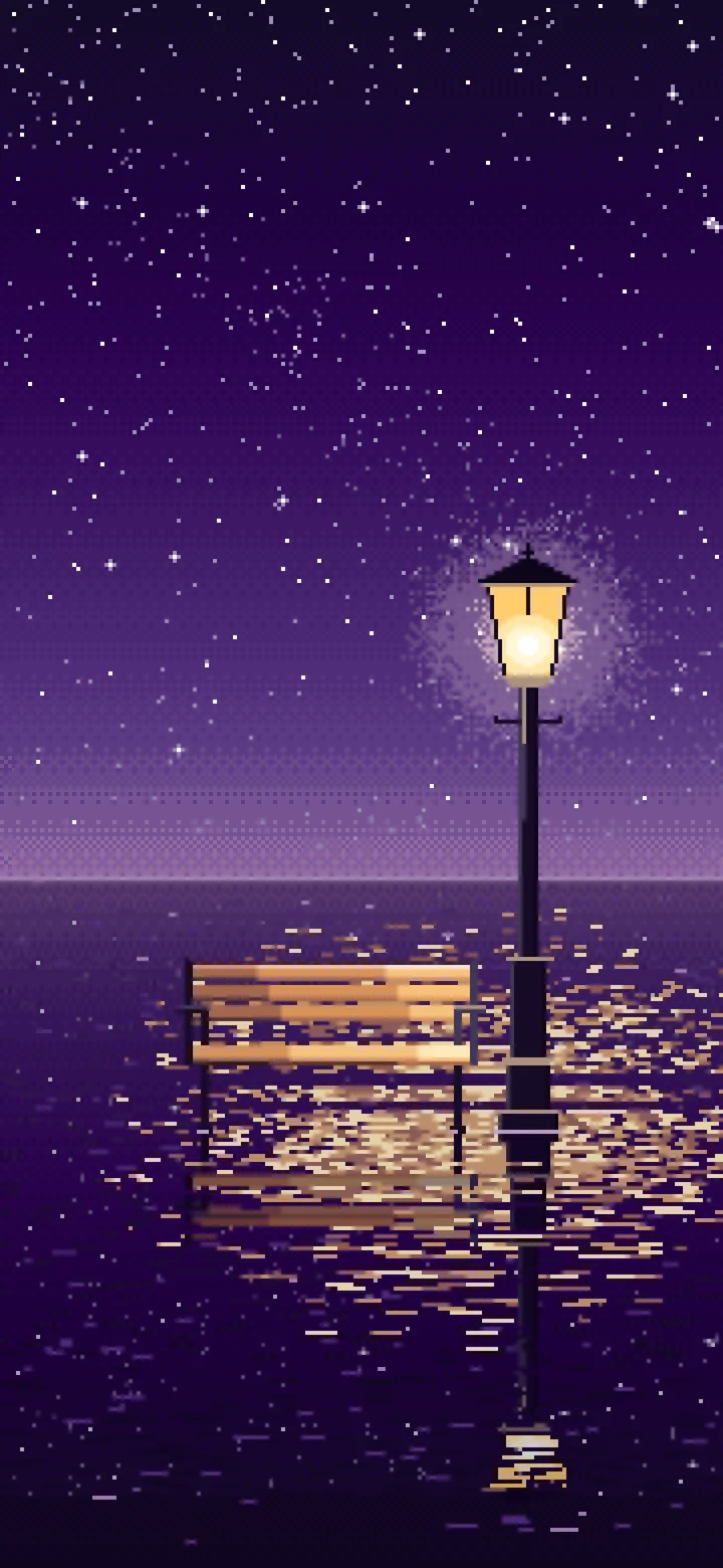Dark Purple Pixel Art Surreal Street Lamp and Bench on the Sea wallpaper for iPhone and Android
