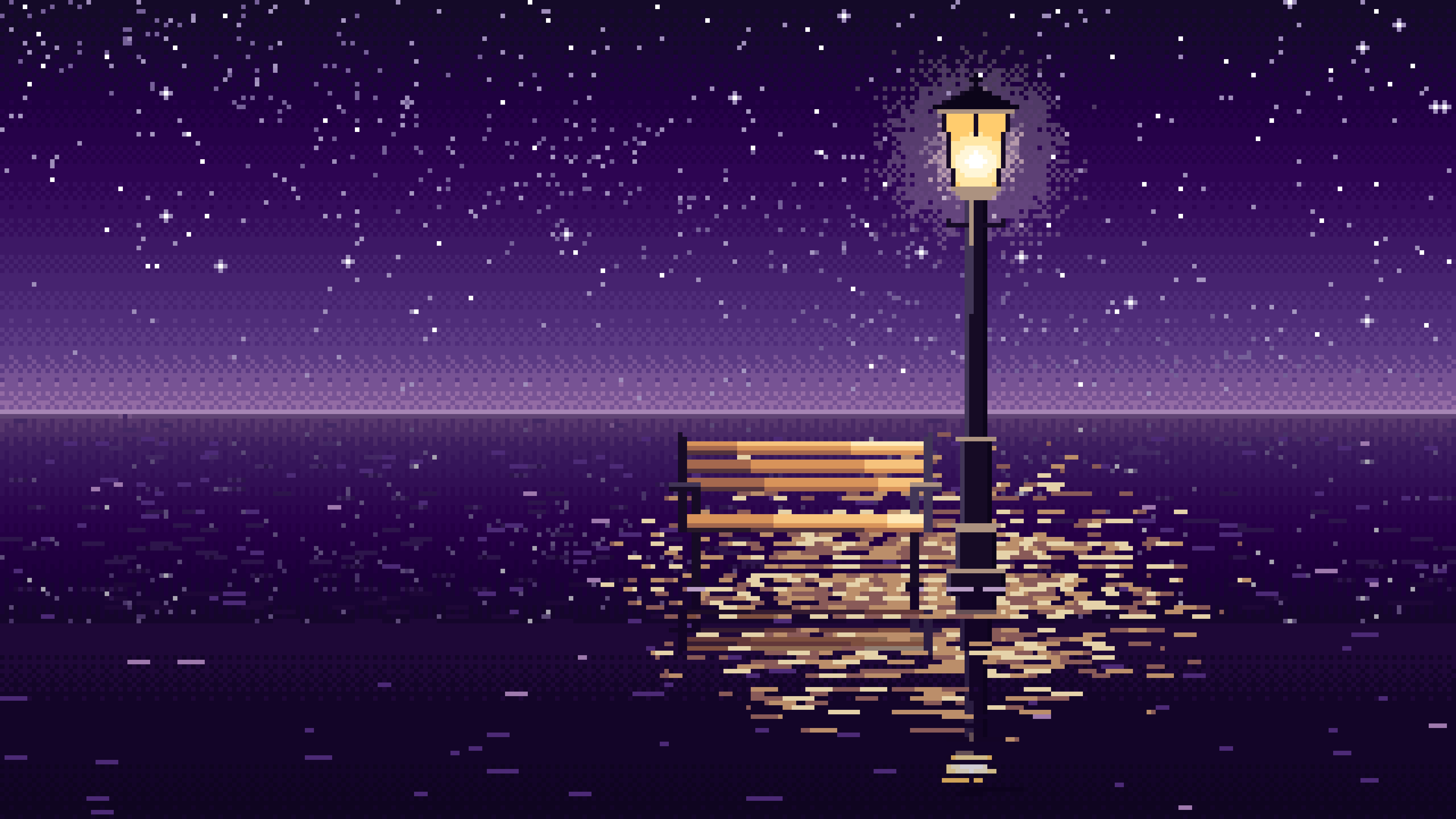 Dark Purple Pixel Art Surreal Street Lamp and Bench on the Sea desktop wallpaper in 4K