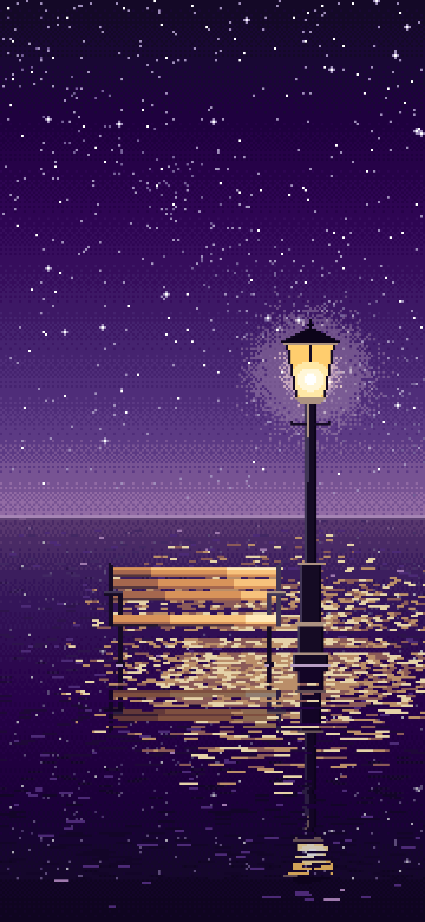 Dark Purple Pixel Art Surreal Street Lamp and Bench on the Sea wallpaper for iPhone and Android