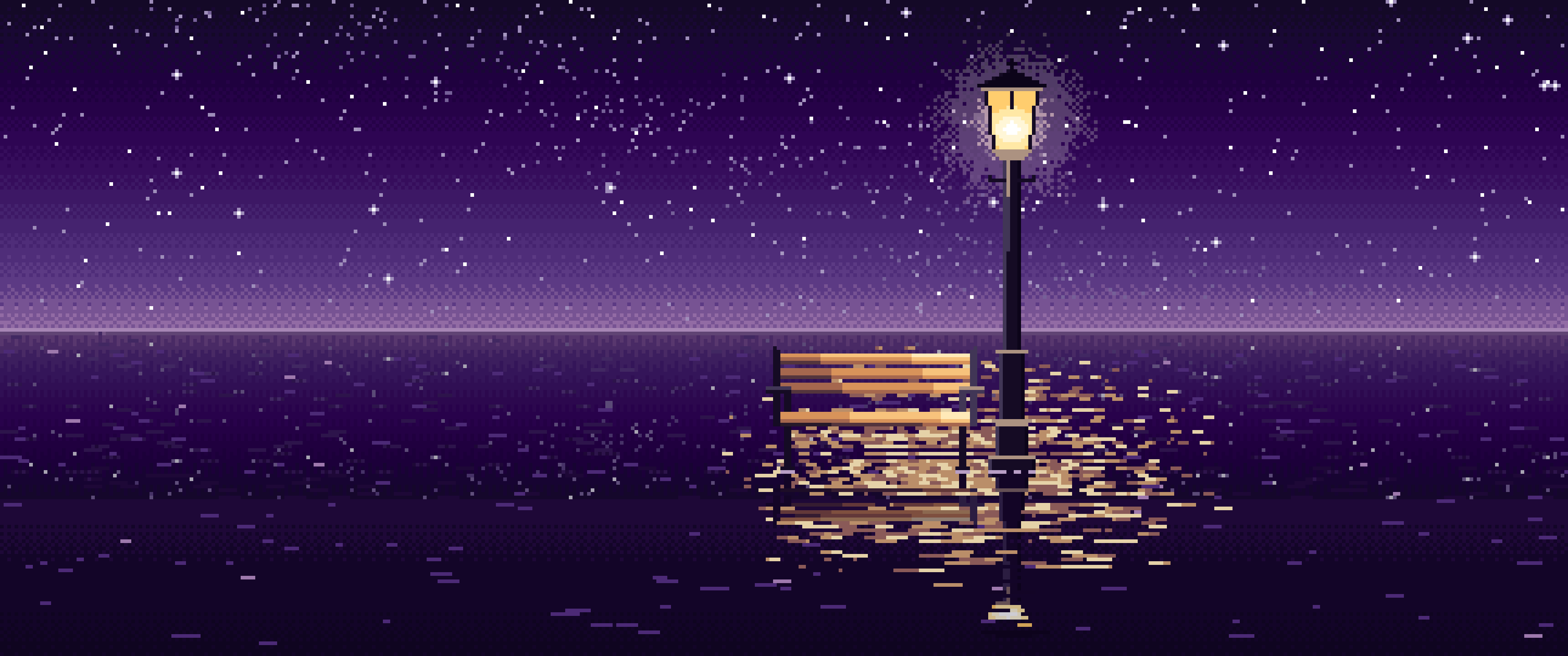 Dark Purple Pixel Art Surreal Street Lamp and Bench on the Sea ultrawide wallpaper, 3440 × 1440