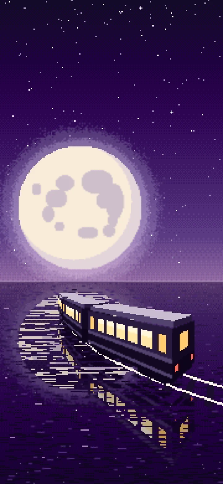 Dark Purple Pixel Art Surreal Train Across the Sea to the Moon wallpaper for iPhone and Android