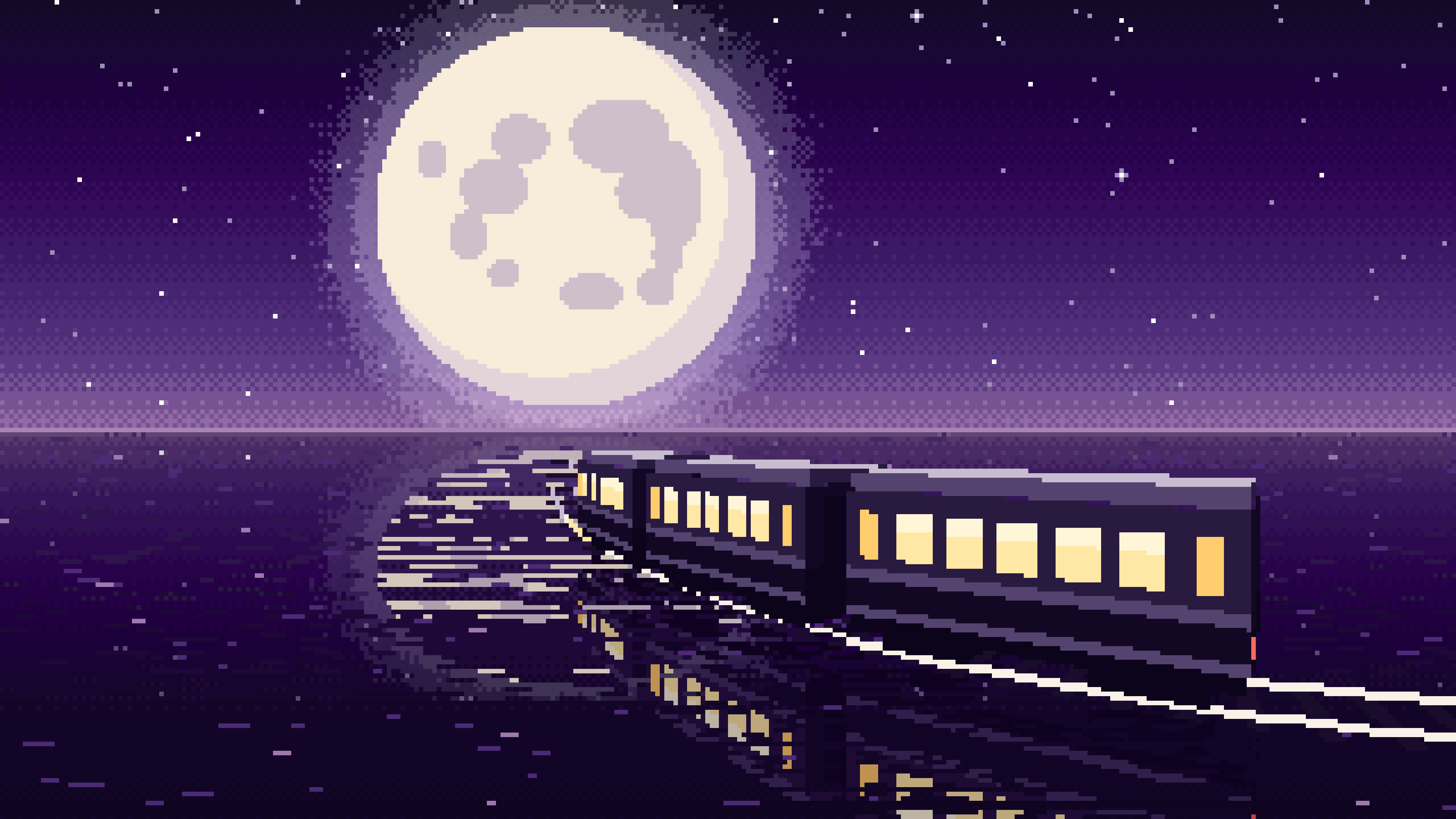Dark Purple Pixel Art Surreal Train Across the Sea to the Moon desktop wallpaper in 4K