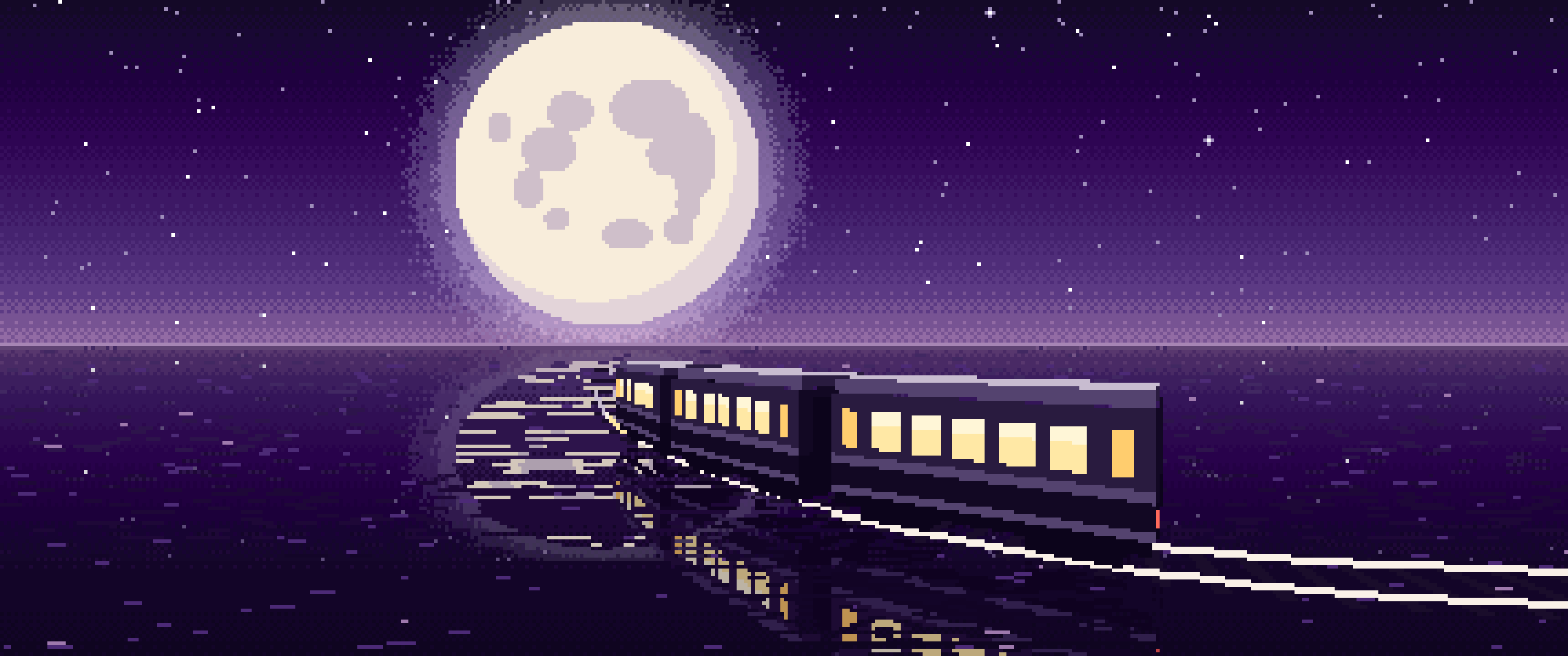 Dark Purple Pixel Art Surreal Train Across the Sea to the Moon ultrawide wallpaper, 3440 × 1440
