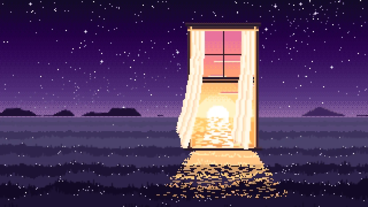Dark Purple Pixel Art Surreal Window in a Meadow at Night desktop wallpaper in 4K