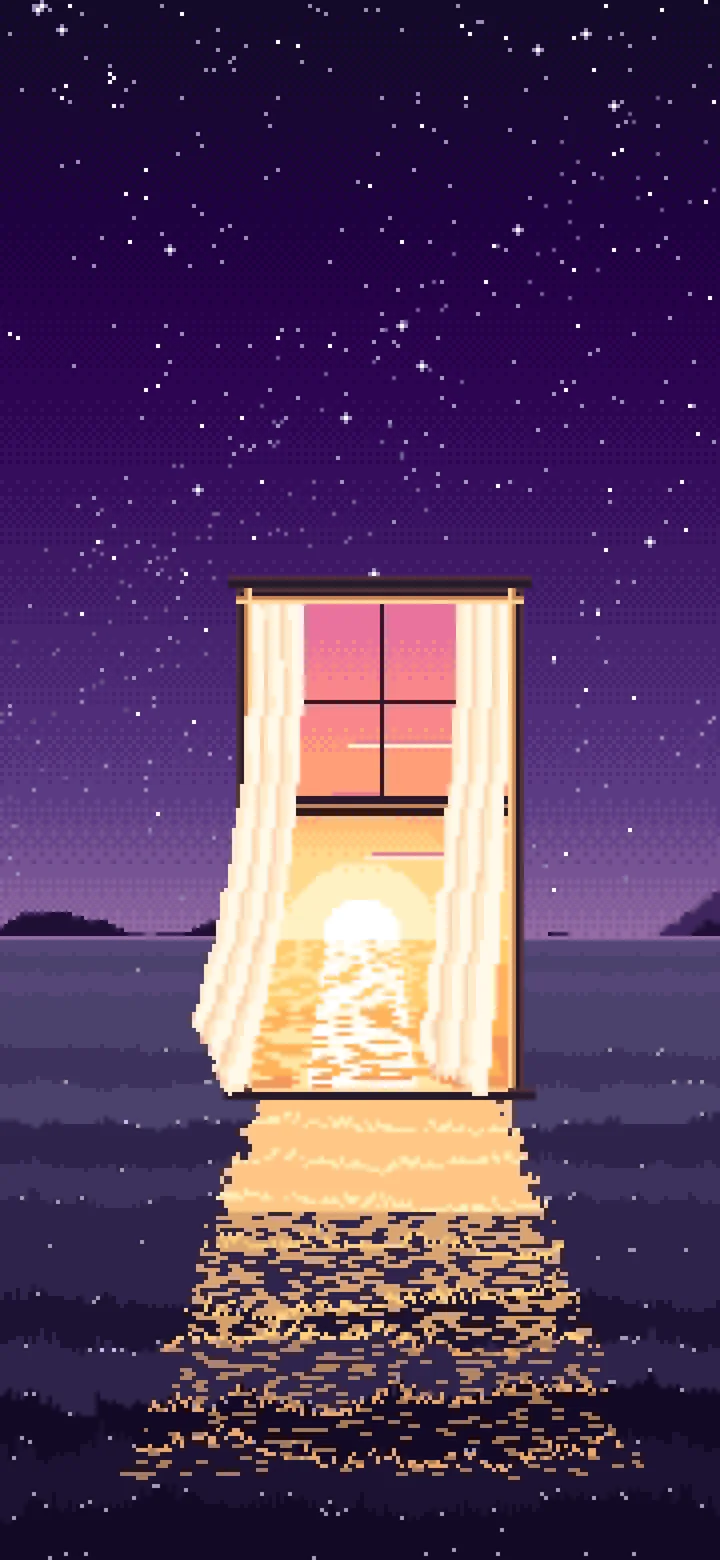 Dark Purple Pixel Art Surreal Window in a Meadow at Night wallpaper for iPhone and Android